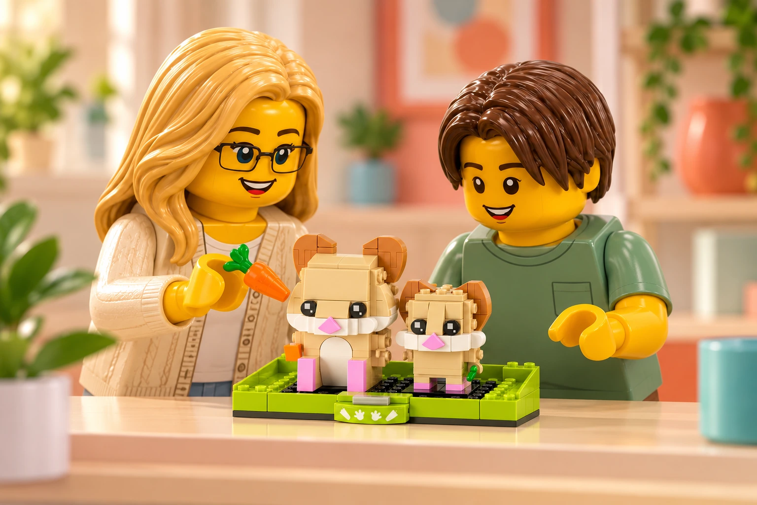 Illustration LEGO 40482 : une adulte blonde à lunettes noires et un adolescent aux cheveux châtains foncés découvrent deux hamsters beiges sur une base vert citron sur une table d’atelier.