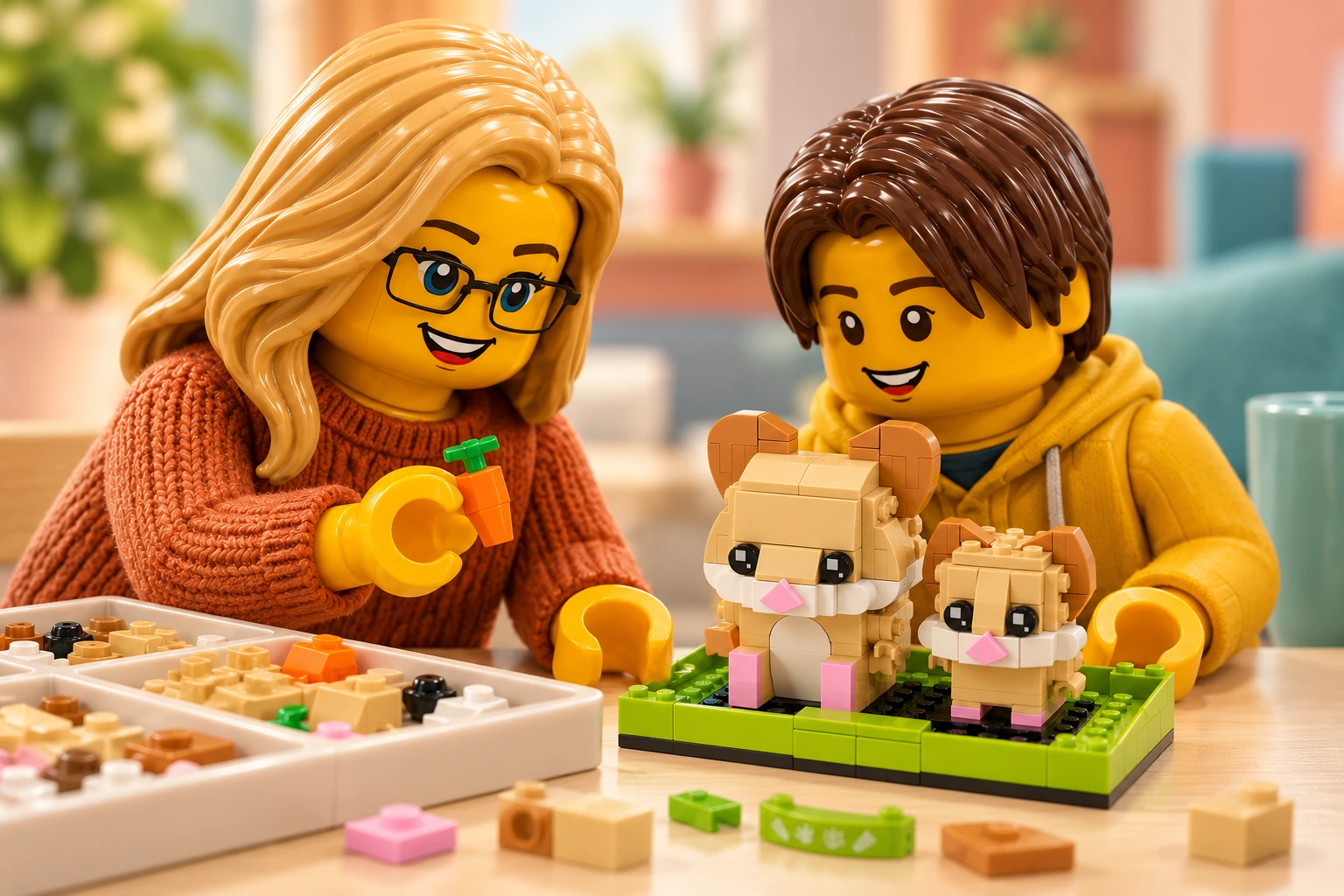 Illustration LEGO 40482 : une adulte blonde à lunettes noires et un adolescent aux cheveux châtains foncés observent une carotte orange à fane verte, devant le modèle assemblé et un bac de pièces.
