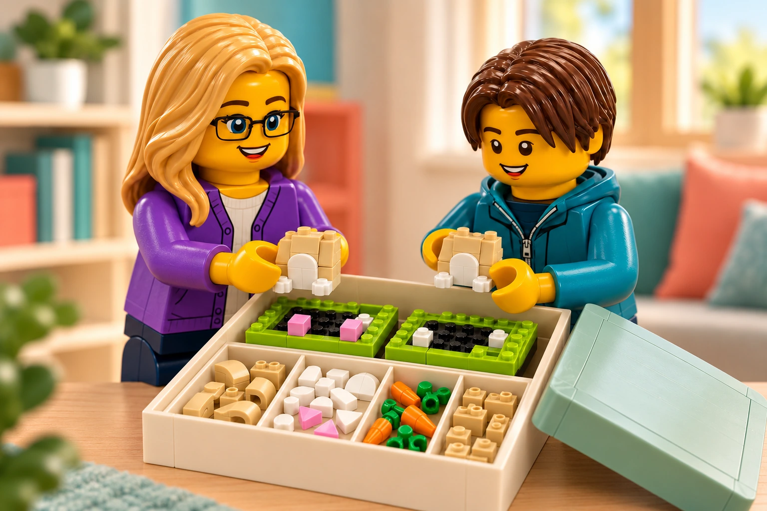 Illustration LEGO 40482 : une adulte blonde à lunettes noires et un adolescent châtain préparent deux corps de hamsters sans têtes, des sections de base vert citron et des pièces triées dans la boîte.