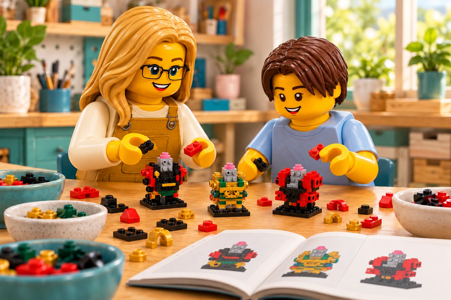 Illustration LEGO 40490 : une adulte blonde à lunettes noires et un adolescent aux cheveux châtains foncés assemblent trois torses NINJAGO inachevés avec des noyaux gris et roses exposés, parmi les pièces détachées et une notice ouverte.