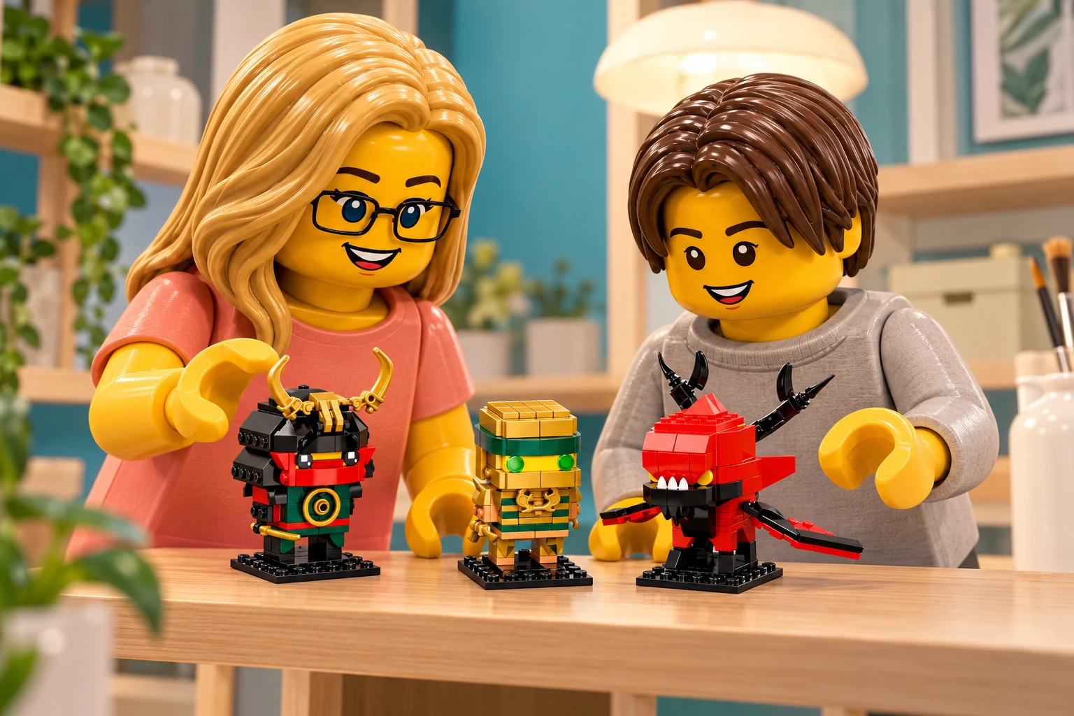 Illustration LEGO 40490 : une adulte blonde à lunettes noires et un adolescent aux cheveux châtains foncés découvrent Nya Samouraï X, Lloyd doré et le dragon rouge Firstbourne sur trois socles noirs sur une table d’atelier.