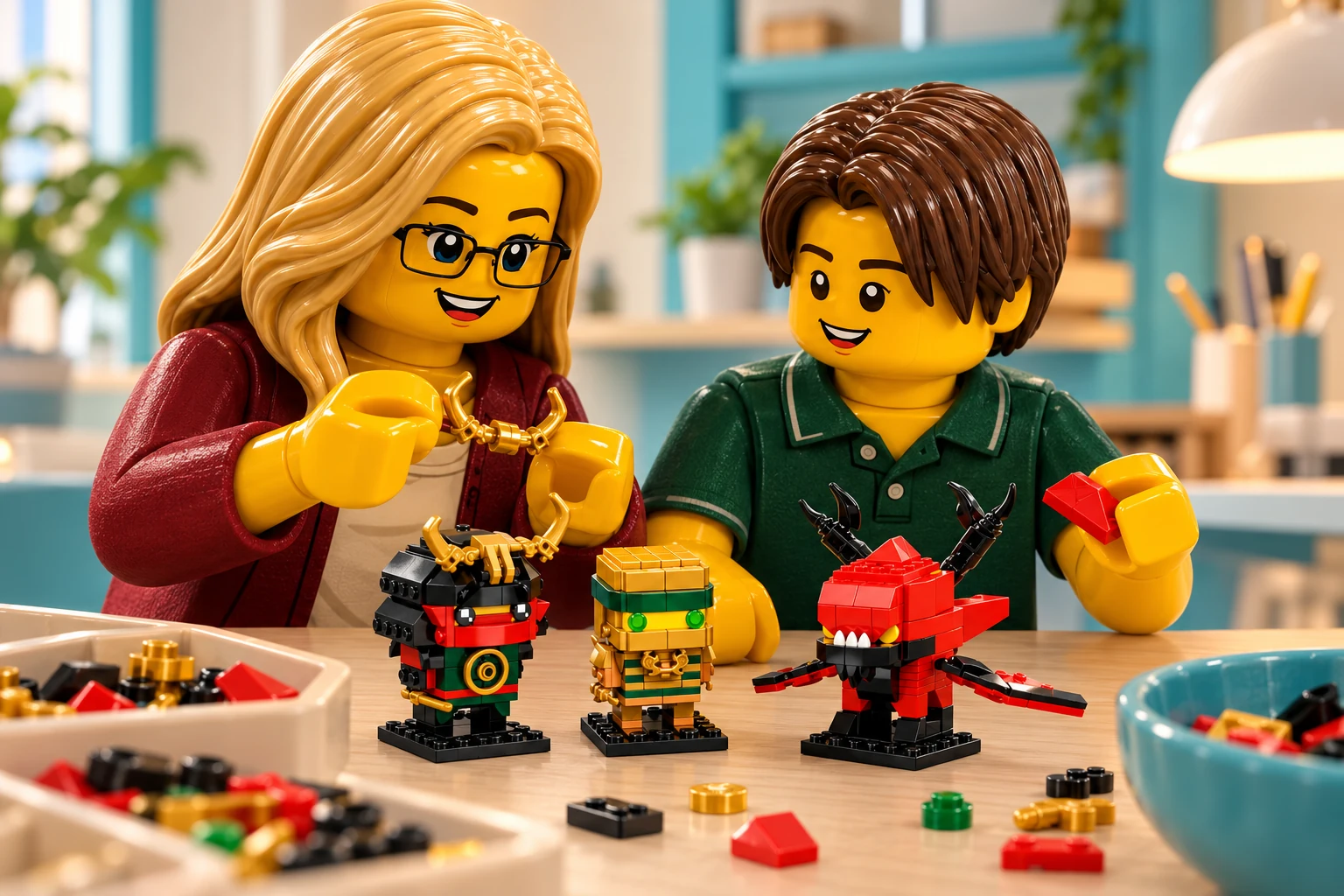 Illustration LEGO 40490 : une adulte blonde à lunettes noires et un adolescent aux cheveux châtains foncés observent des cornes dorées et une pièce rouge détachées, devant le modèle assemblé et un bac de pièces.