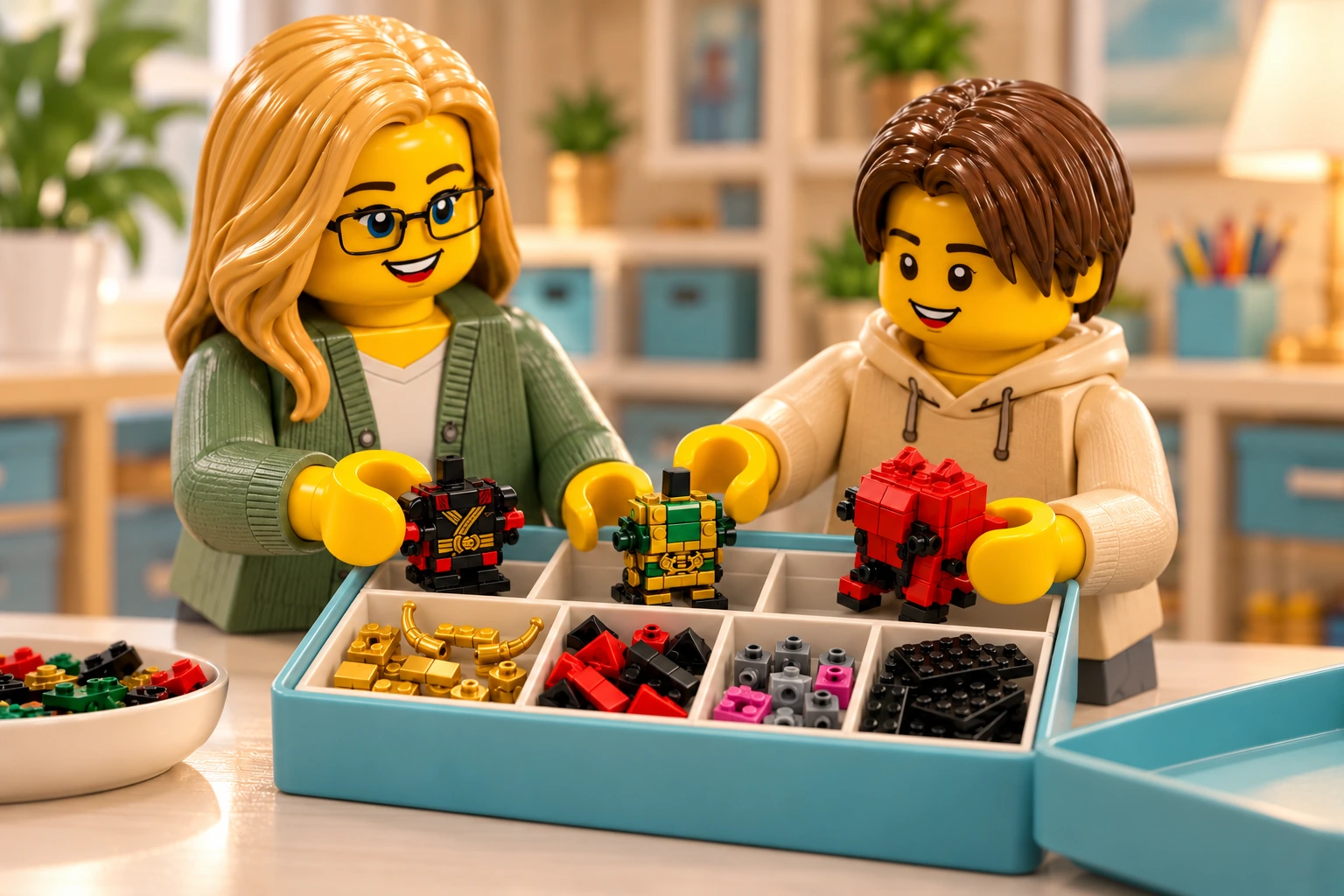 Illustration LEGO 40490 : une adulte blonde à lunettes noires et un adolescent châtain préparent trois torses NINJAGO sans têtes et des pièces triées par compartiments dans la boîte.