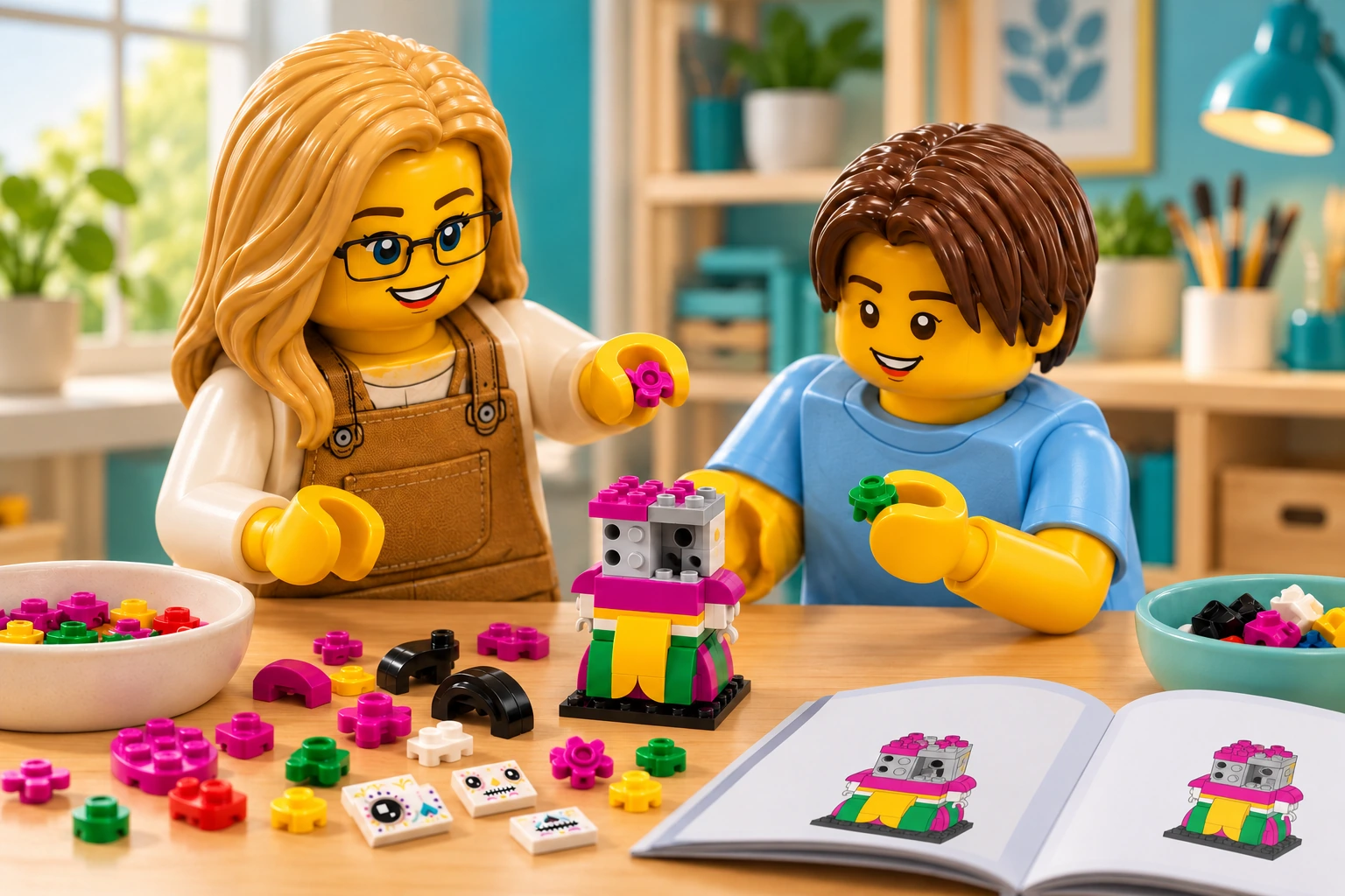Illustration LEGO 40492 : une adulte blonde à lunettes noires et un adolescent aux cheveux châtains foncés assemblent le torse de La Catrina et son noyau de tête ouvert, sans visage ni chapeau assemblés, parmi les pièces détachées et une notice ouverte.