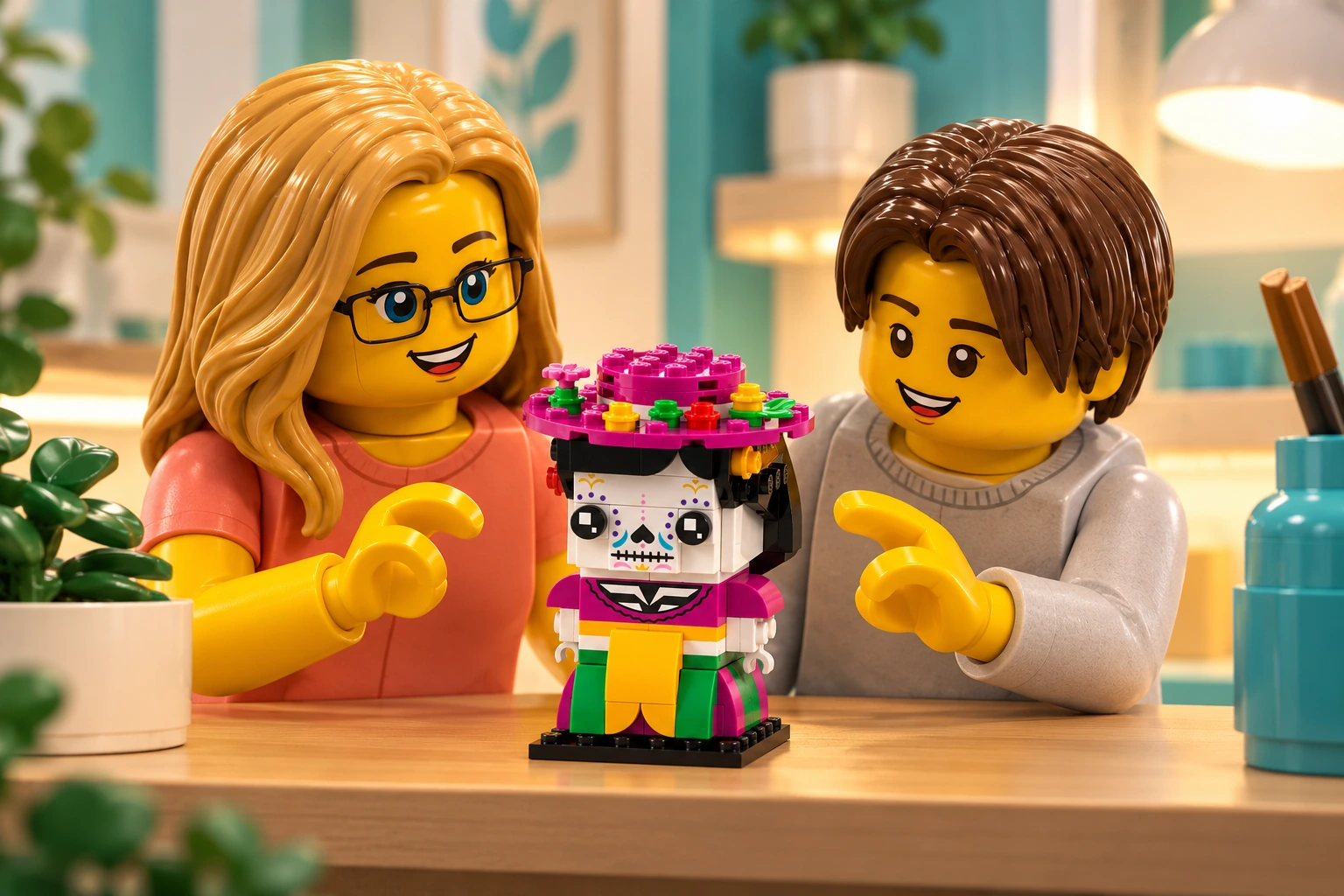 Illustration LEGO 40492 : une adulte blonde à lunettes noires et un adolescent aux cheveux châtains foncés découvrent La Catrina à visage décoré et chapeau magenta fleuri sur une table d’atelier.
