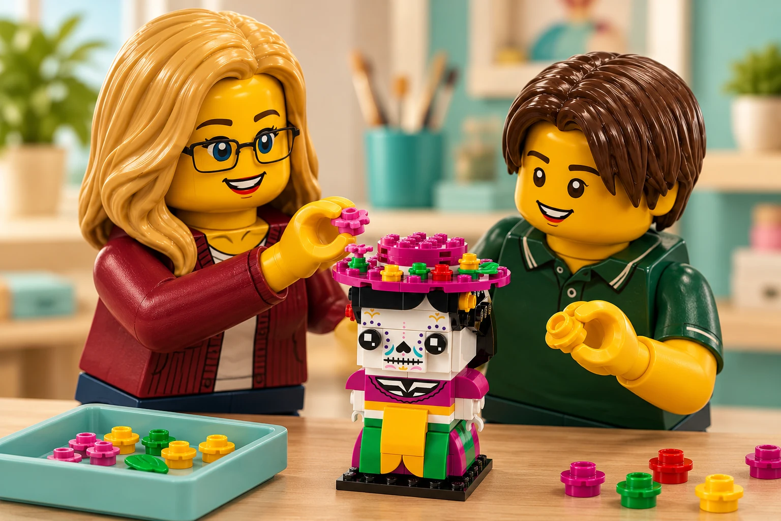 Illustration LEGO 40492 : une adulte blonde à lunettes noires et un adolescent aux cheveux châtains foncés observent des fleurs détachées du chapeau, devant le modèle assemblé et un bac de pièces.