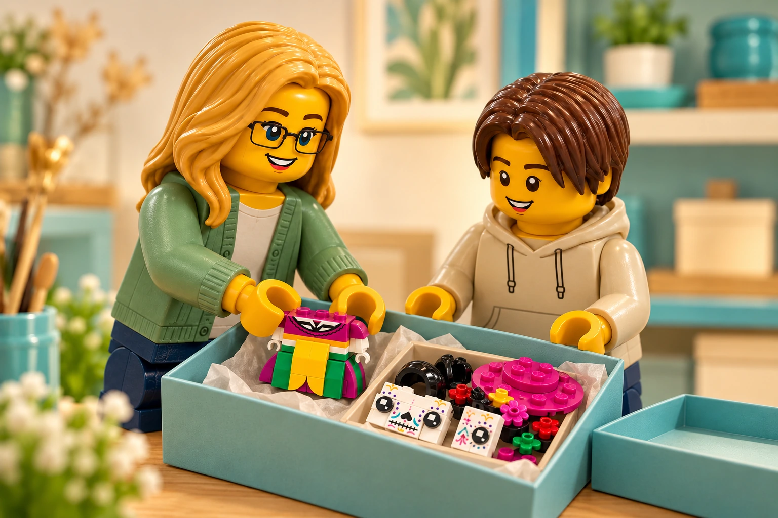 Illustration LEGO 40492 : une adulte blonde à lunettes noires et un adolescent châtain placent une robe et un torse de La Catrina inachevés dans une boîte turquoise ; un compartiment contient les pièces détachées du visage, des cheveux et du chapeau.
