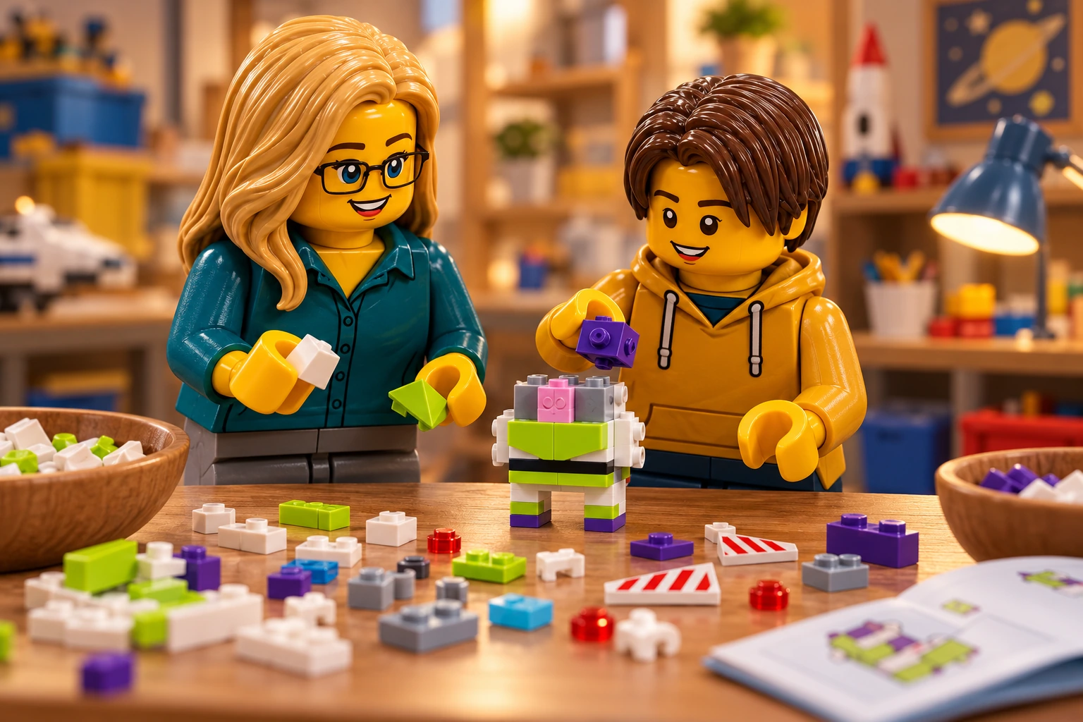 Illustration générée LEGO 40552 Buzz l’Éclair : l’adulte en chemise turquoise trie des pièces tandis que l’adolescent en sweat jaune place une brique violette sur le noyau ouvert de Buzz.