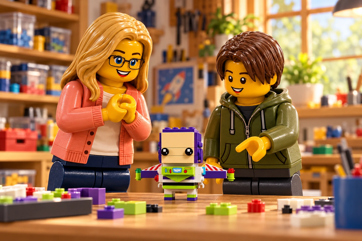 Illustration générée LEGO 40552 Buzz l’Éclair : une adulte en cardigan corail et un adolescent en sweat vert découvrent un petit Buzz terminé, ailes déployées sur la table.
