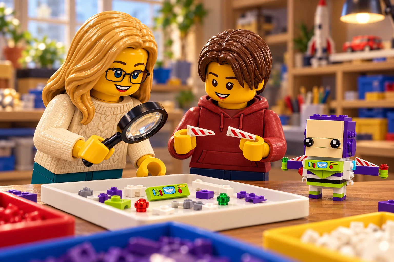 Illustration générée LEGO 40552 Buzz l’Éclair : l’adulte en pull crème observe à la loupe un plateau de pièces ; l’adolescent en sweat rouge compare deux petites ailes rayées.