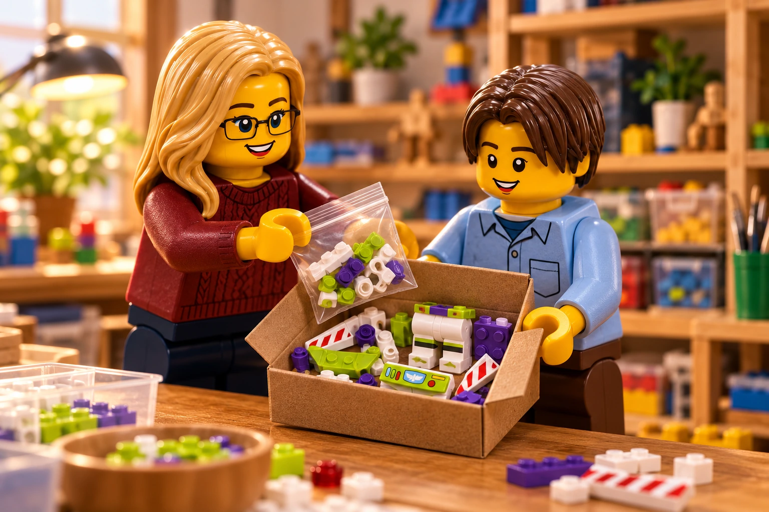 Illustration générée LEGO 40552 Buzz l’Éclair : l’adulte en pull bordeaux ajoute un sachet de pièces dans une boîte tenue par l’adolescent en chemise bleue ; des sections incomplètes de Buzz sont à l’intérieur.