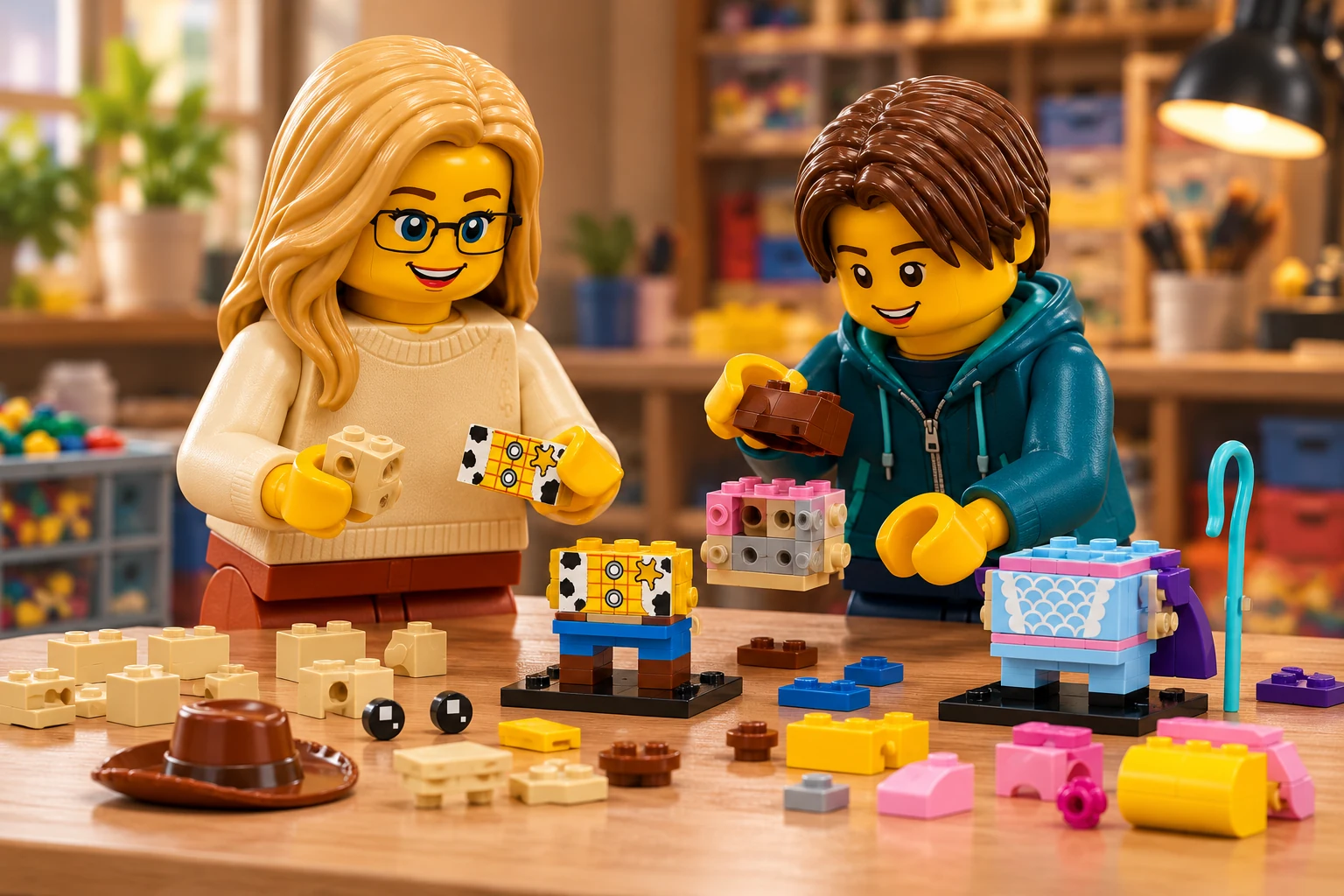 Illustration générée LEGO 40553 Woody et La Bergère : l’adulte en pull ivoire tient une tuile de chemise et une pièce beige ; l’adolescent en sweat turquoise prépare l’habillage d’un noyau de tête ouvert.