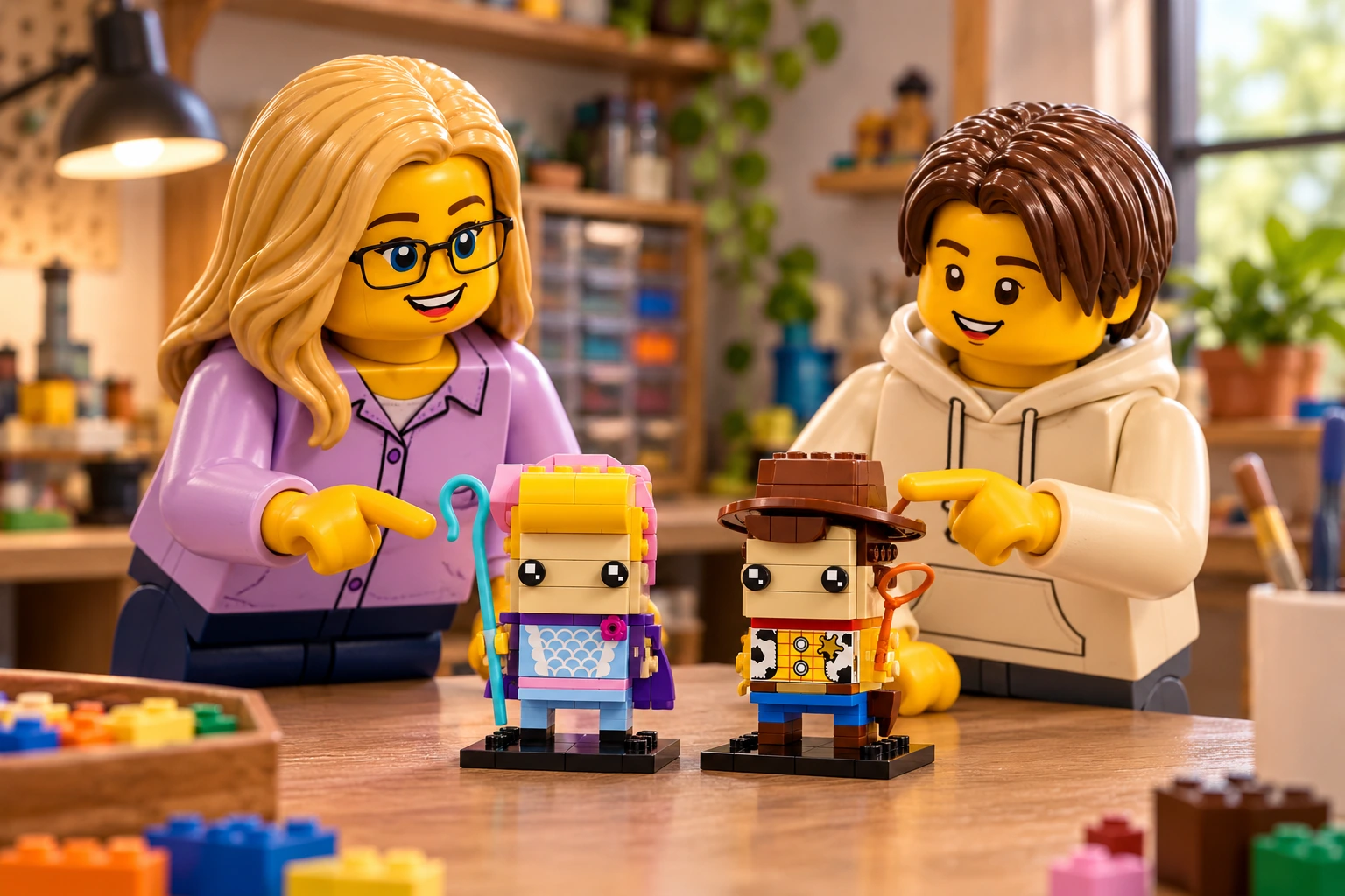 Illustration générée LEGO 40553 Woody et La Bergère : l’adulte en blouse lavande et l’adolescent en sweat crème découvrent les deux petits personnages terminés, La Bergère et Woody.