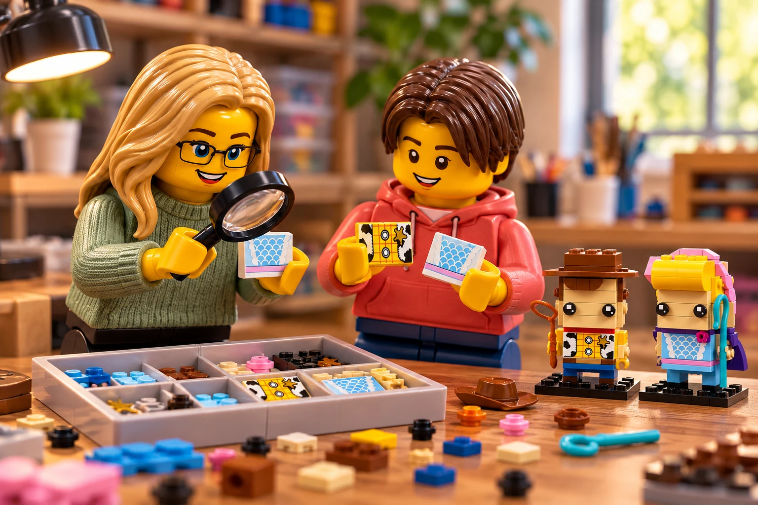 Illustration générée LEGO 40553 Woody et La Bergère : l’adulte en pull vert examine une tuile de robe à la loupe ; l’adolescent en sweat corail compare les imprimés de robe et de chemise.