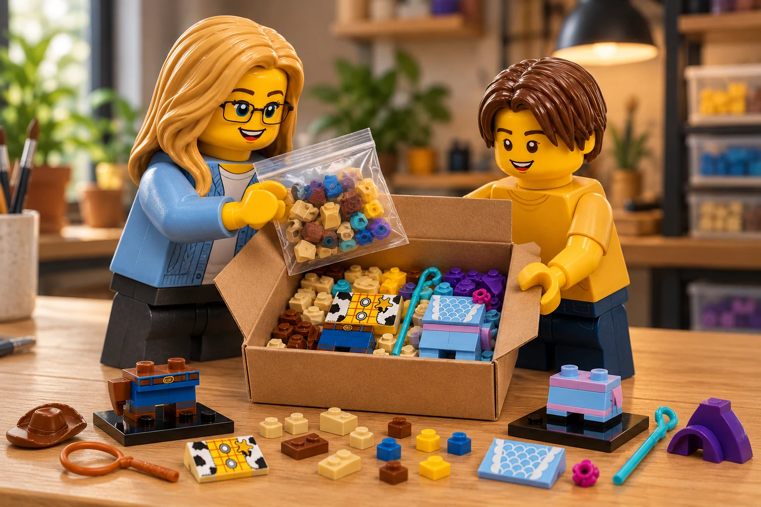 Illustration générée LEGO 40553 Woody et La Bergère : l’adulte en cardigan bleu place un sachet dans une boîte tenue par l’adolescent en tee-shirt jaune ; deux torses partiels et leurs accessoires sont rangés à l’intérieur.