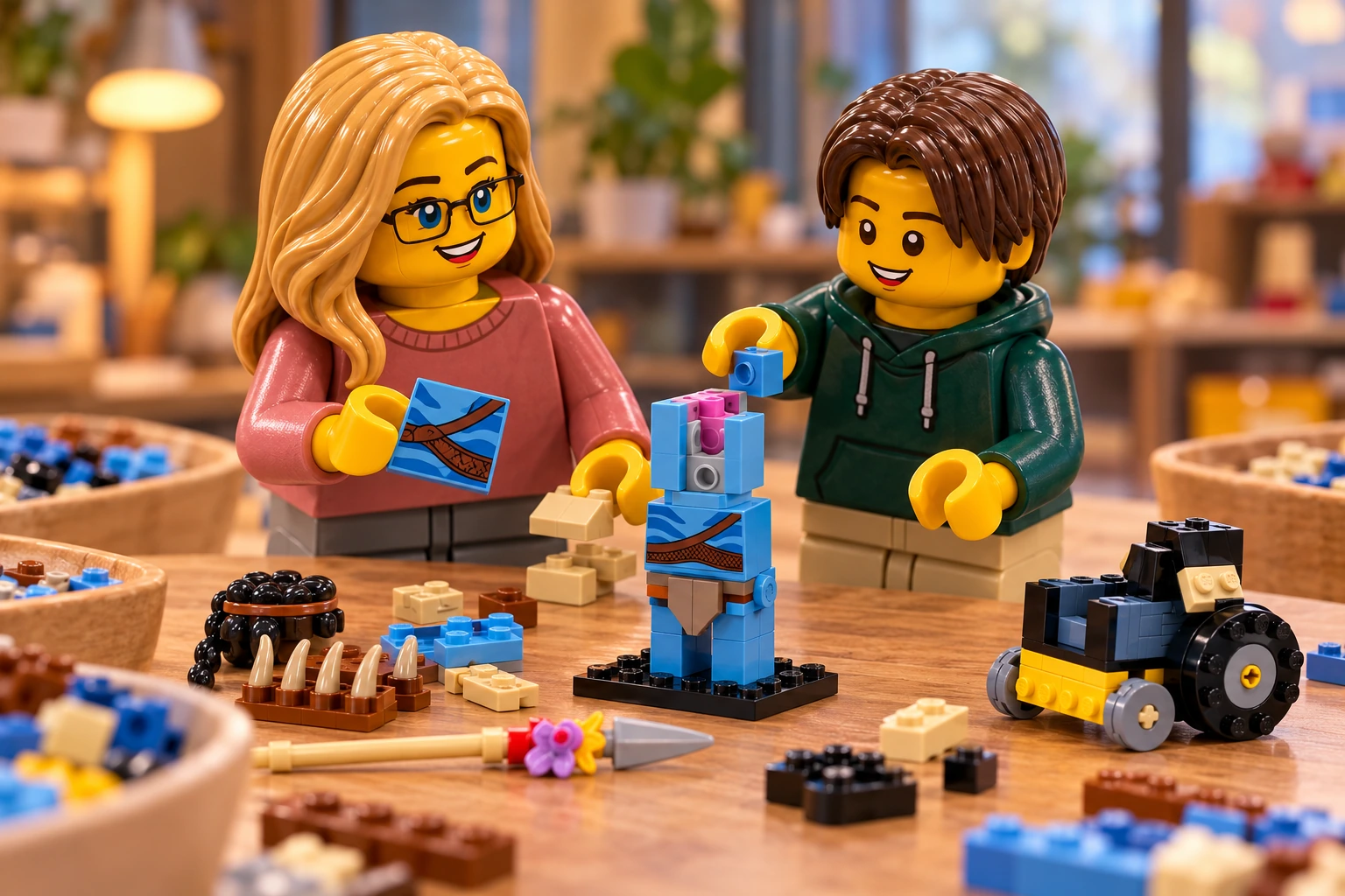 Illustration générée LEGO 40554 Jake Sully et son Avatar : l’adulte en haut rose tient une tuile bleue ; l’adolescent en sweat vert ajoute une petite pièce sur la tête ouverte de l’Avatar, à côté d’un fauteuil sans personnage.