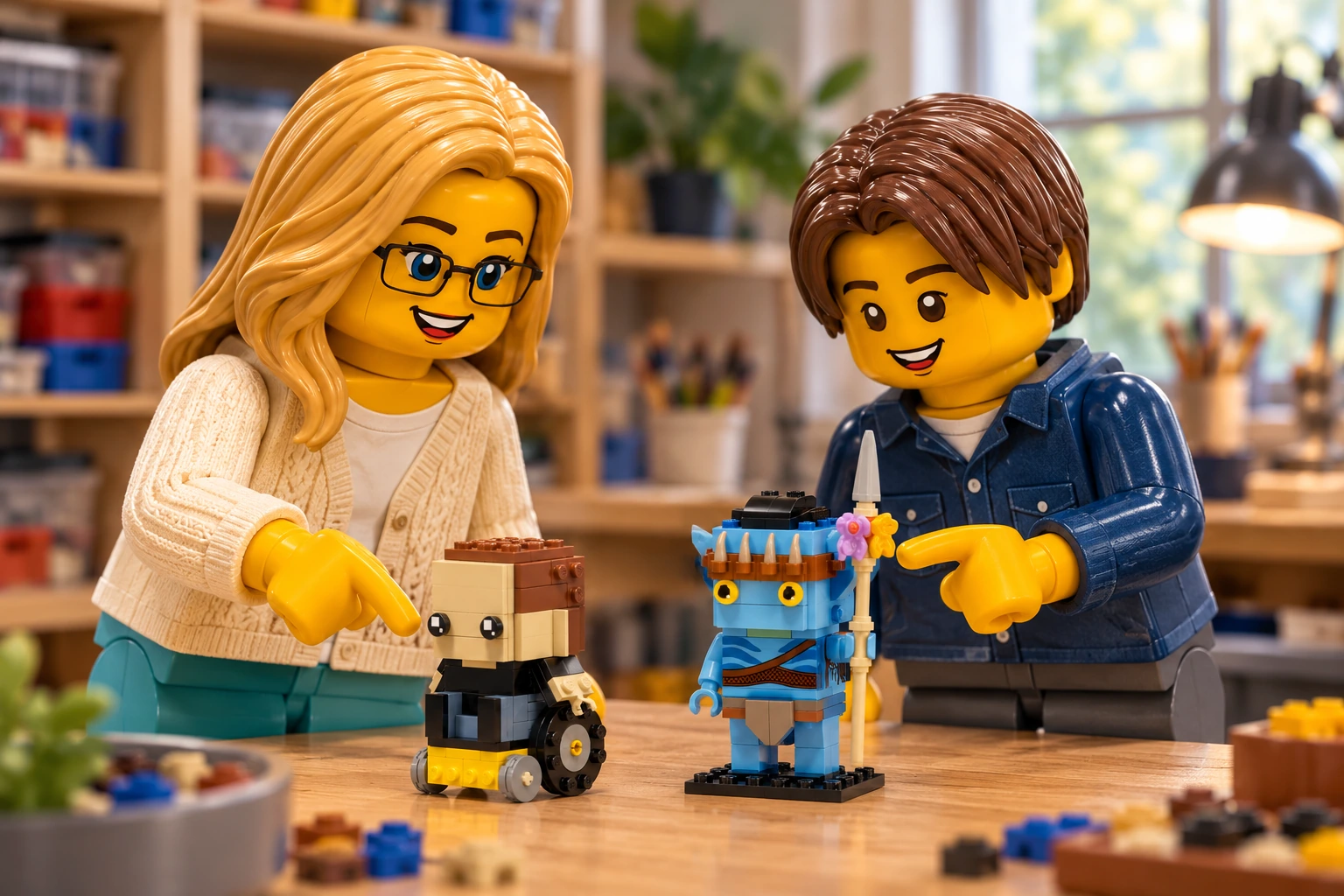 Illustration générée LEGO 40554 Jake Sully et son Avatar : l’adulte en cardigan crème et l’adolescent en chemise bleue découvrent Jake humain dans son fauteuil et son petit Avatar bleu à lance.