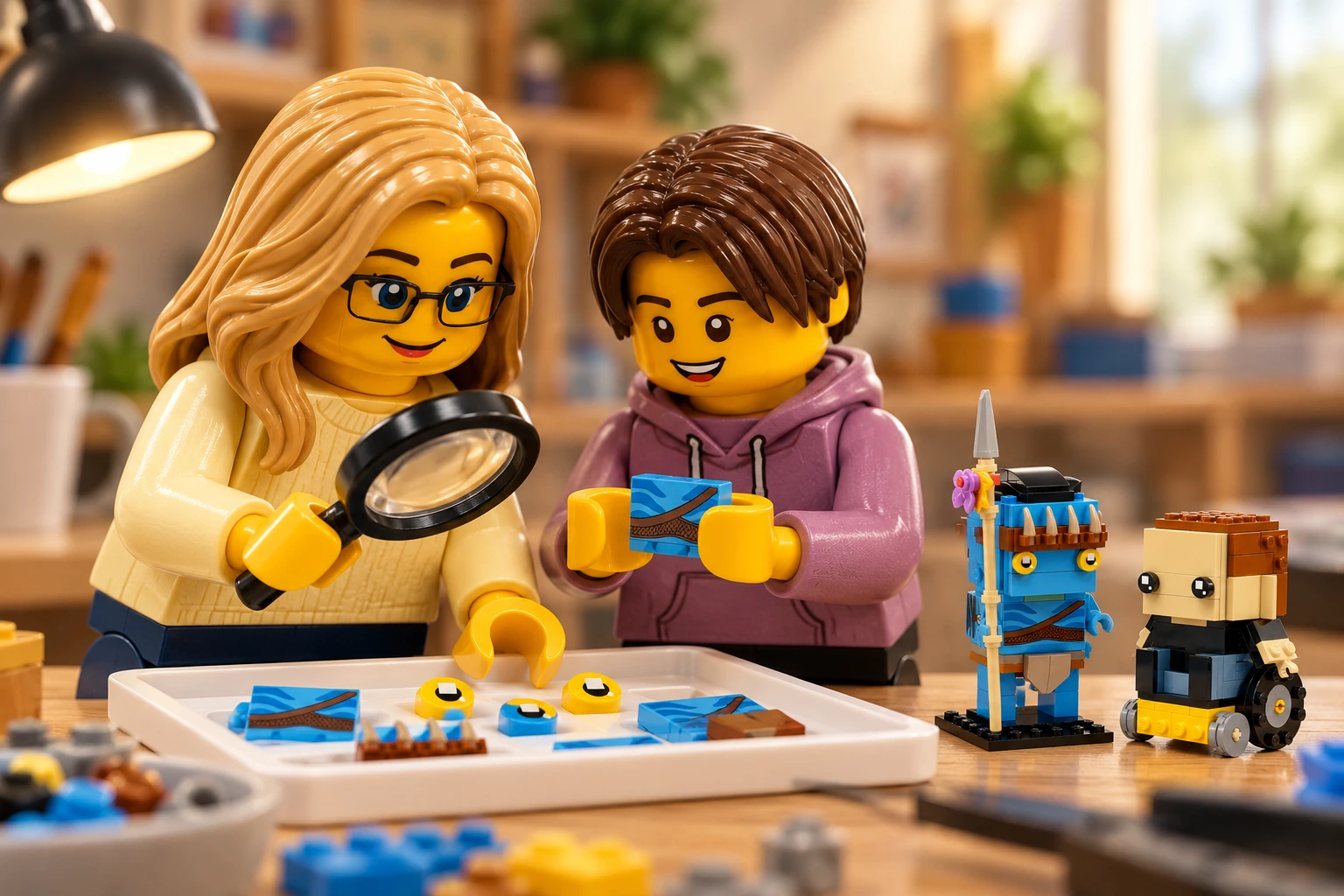 Illustration générée LEGO 40554 Jake Sully et son Avatar : l’adulte en pull jaune observe à la loupe des pièces bleues et des yeux jaunes ; l’adolescent en sweat mauve tient une tuile bleue imprimée.
