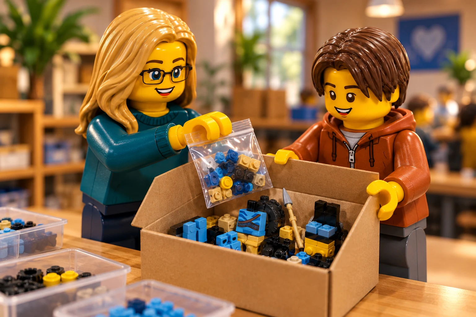 Illustration générée LEGO 40554 Jake Sully et son Avatar : l’adulte en pull turquoise place un sachet dans la boîte tenue par l’adolescent en sweat orange ; sections bleues, roues et lance sont rangées à l’intérieur.