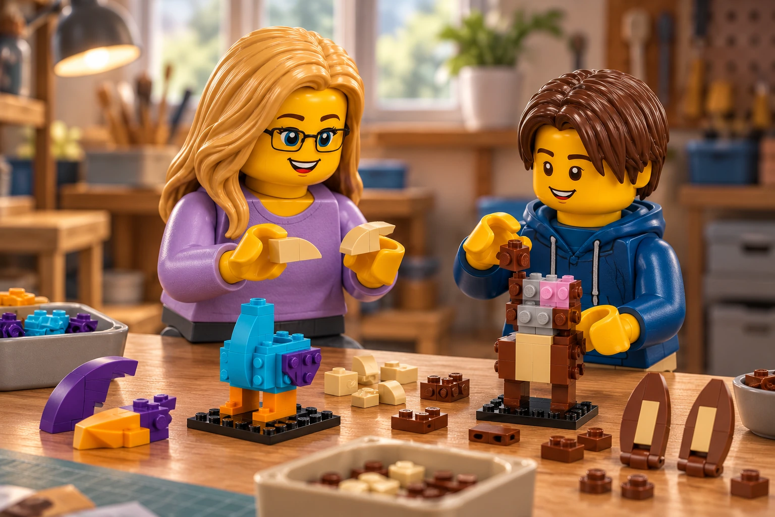 Illustration générée LEGO 40559 Bip Bip et Coyote : l’adulte en blouse lavande tient des pièces beiges ; l’adolescent en sweat bleu ajoute une brique marron sur la tête ouverte de Coyote, à côté du corps sans tête de Bip Bip.