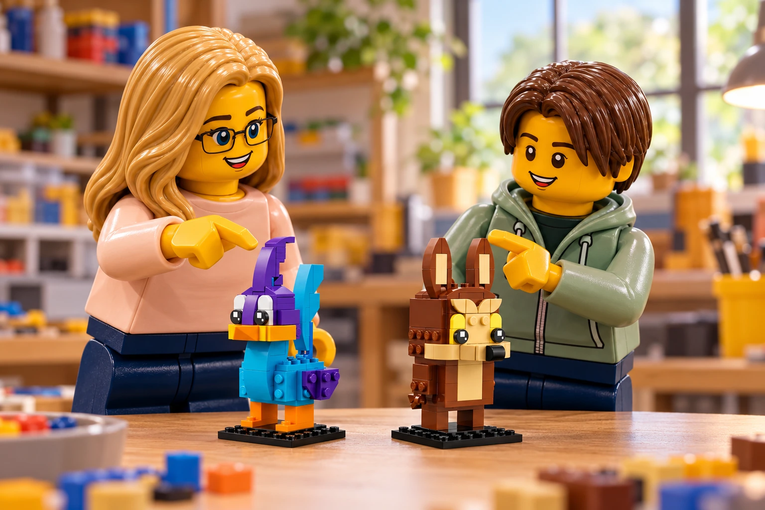 Illustration générée LEGO 40559 Bip Bip et Coyote : l’adulte en haut pêche et l’adolescent en sweat vert découvrent les petits Bip Bip et Coyote terminés sur deux socles noirs.
