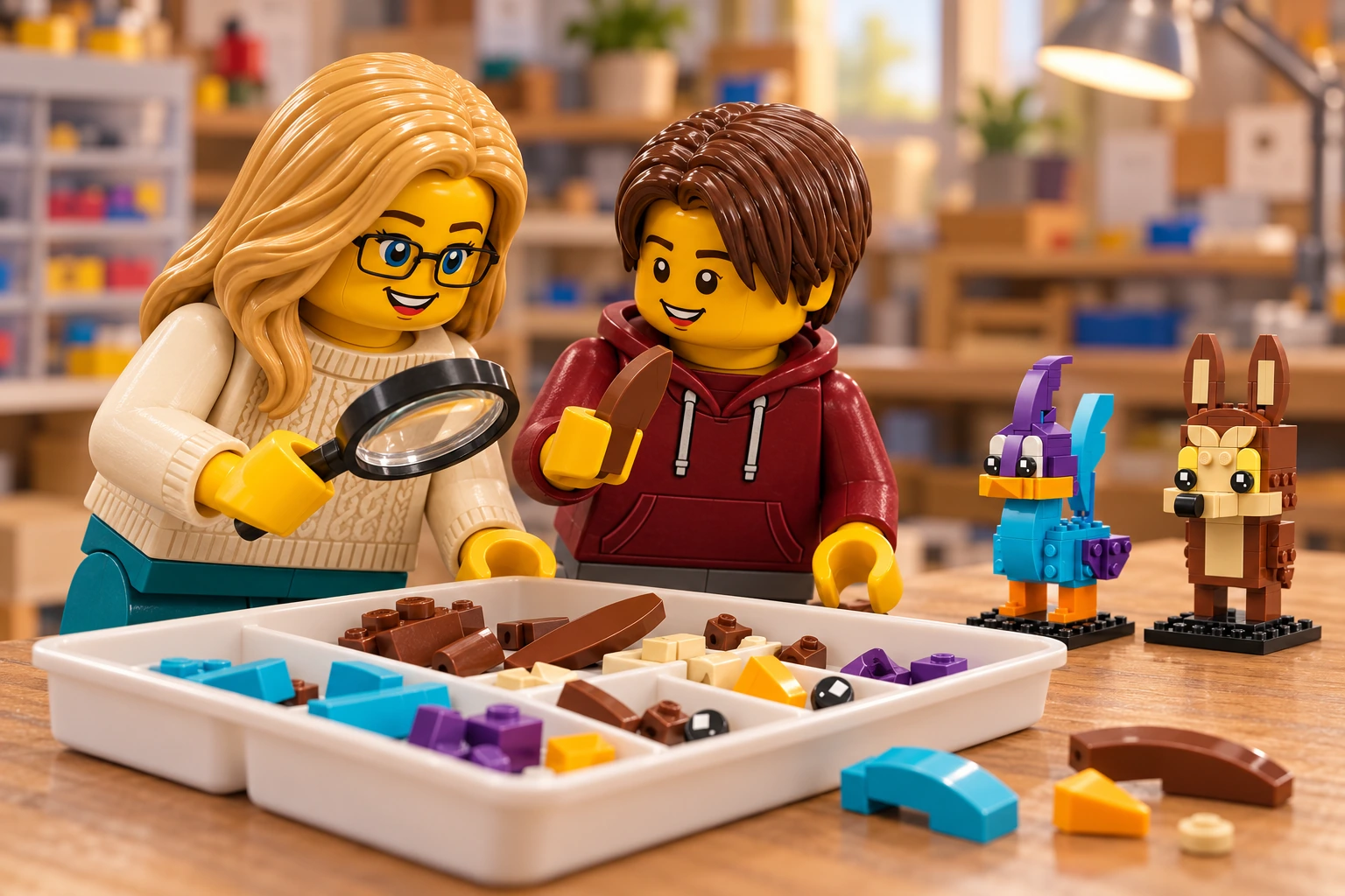 Illustration générée LEGO 40559 Bip Bip et Coyote : l’adulte en pull crème observe le plateau à la loupe ; l’adolescent en sweat bordeaux examine une longue pièce marron, devant les deux personnages.