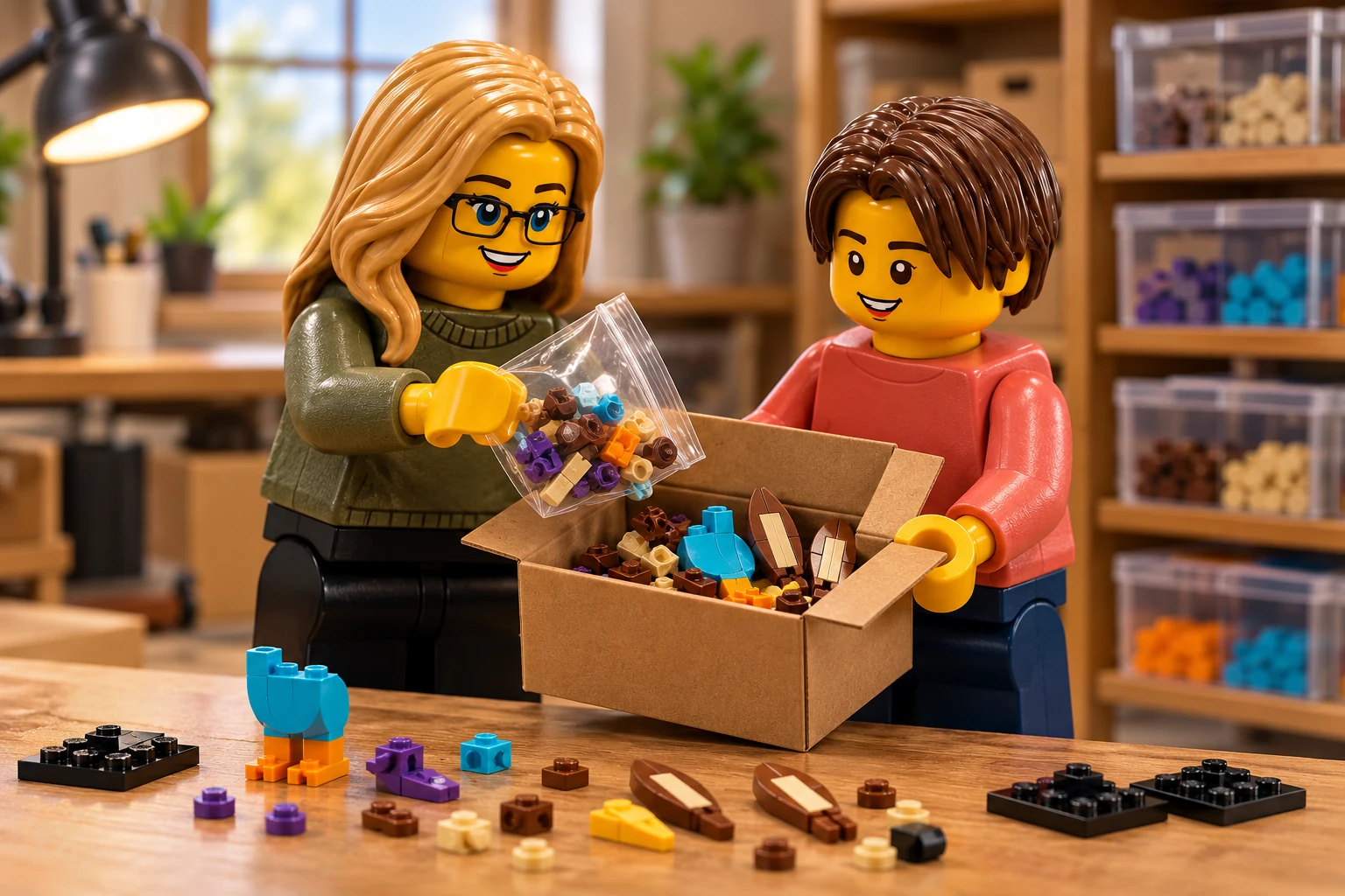 Illustration générée LEGO 40559 Bip Bip et Coyote : l’adulte en pull vert dépose un sachet dans une boîte tenue par l’adolescent en haut corail ; pièces marron, beiges, bleues et violettes sont visibles à l’intérieur.