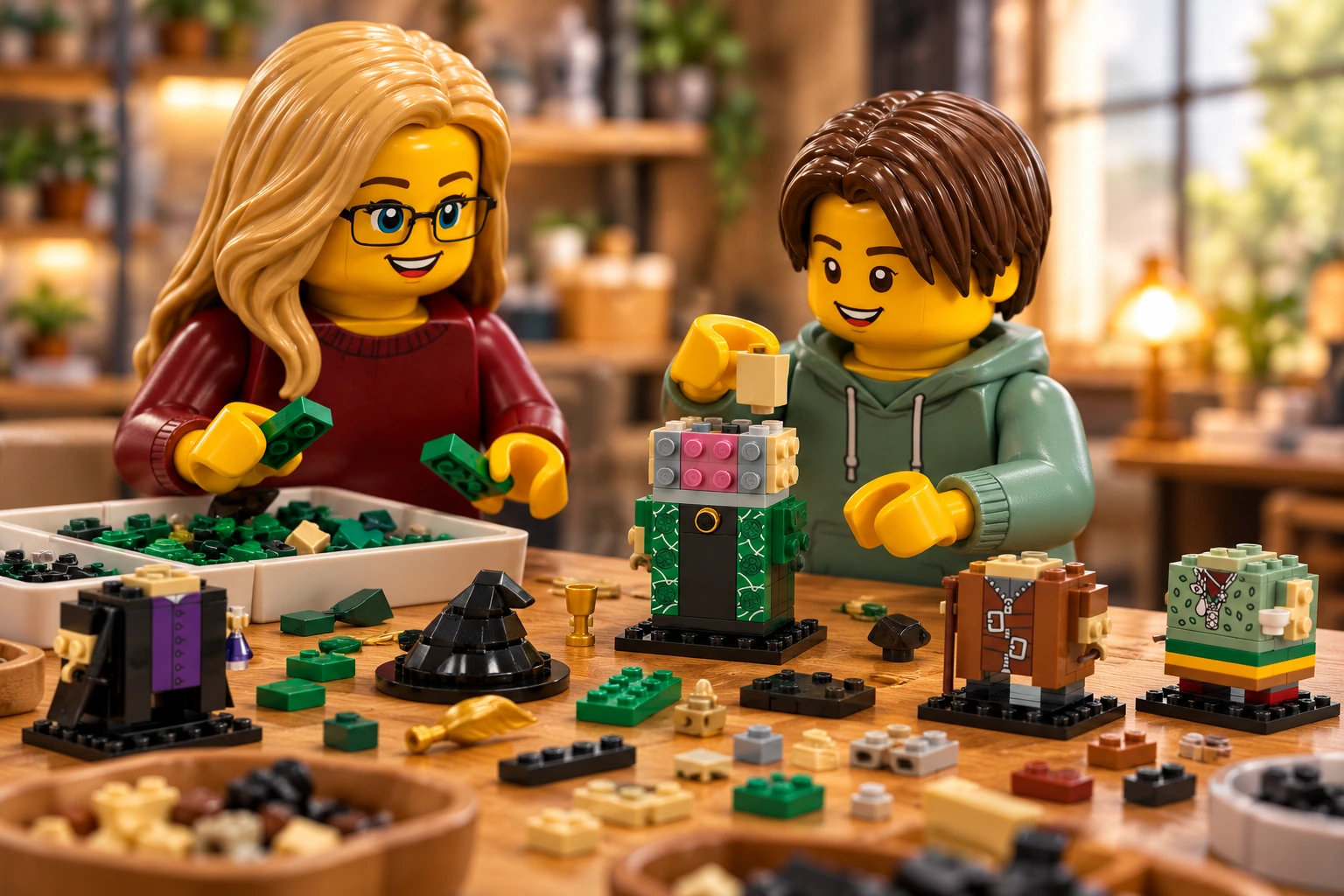 Illustration générée LEGO 40560 Les professeurs de Poudlard : l’adulte en haut bordeaux trie des pièces vertes ; l’adolescent en sweat vert place une pièce beige sur la tête ouverte de McGonagall, avec d’autres torses sans tête autour.