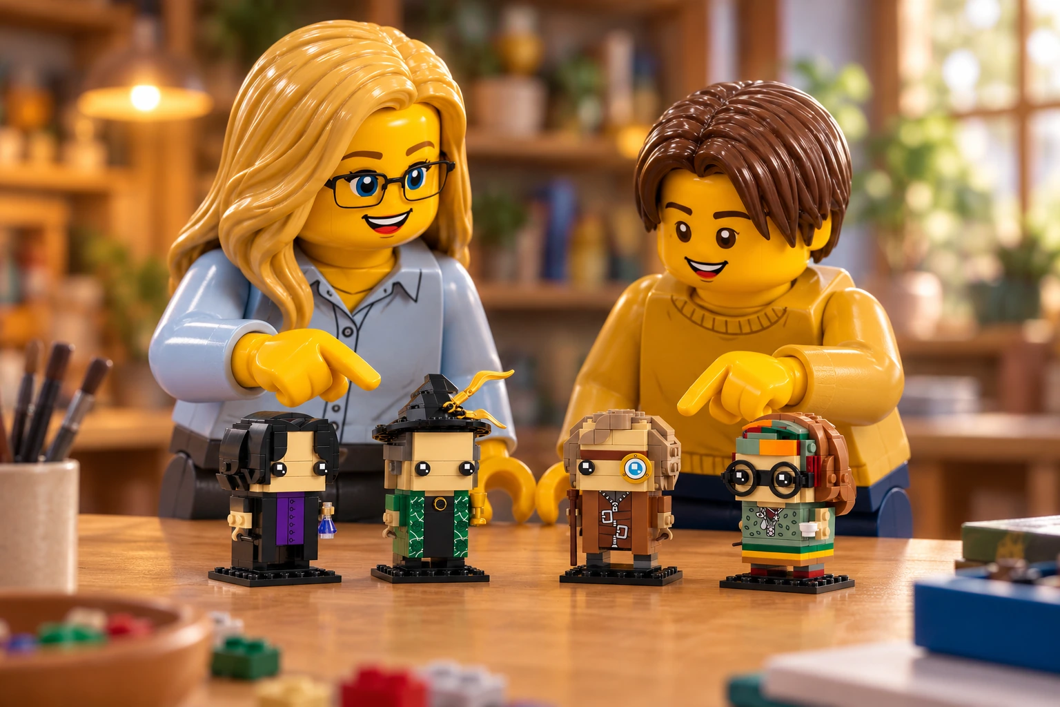 Illustration générée LEGO 40560 Les professeurs de Poudlard : l’adulte en chemise bleue et l’adolescent en pull jaune découvrent les quatre petits professeurs alignés sur leurs socles noirs.