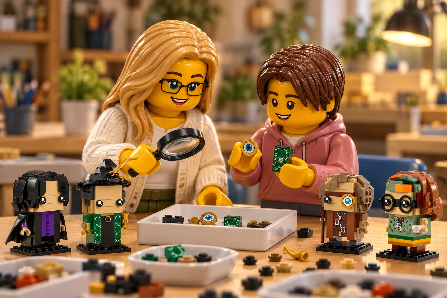 Illustration générée LEGO 40560 Les professeurs de Poudlard : l’adulte en cardigan ivoire observe le plateau à la loupe ; l’adolescent en sweat rose compare un petit œil bleu rond et une pièce verte décorée.
