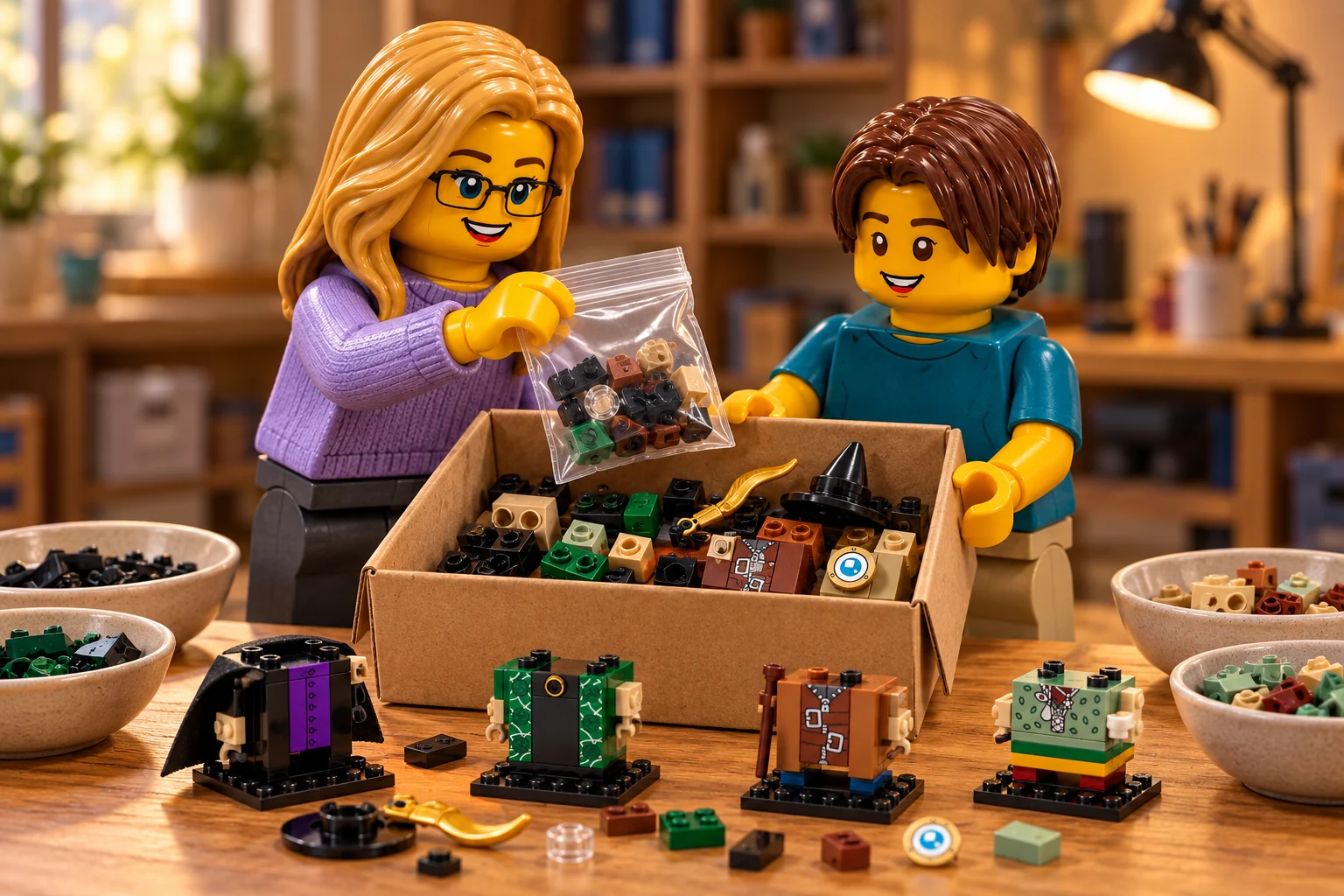 Illustration générée LEGO 40560 Les professeurs de Poudlard : l’adulte en pull lavande place un sachet dans une boîte tenue par l’adolescent en tee-shirt turquoise ; torses incomplets, chapeau et pièces sont rangés à l’intérieur.
