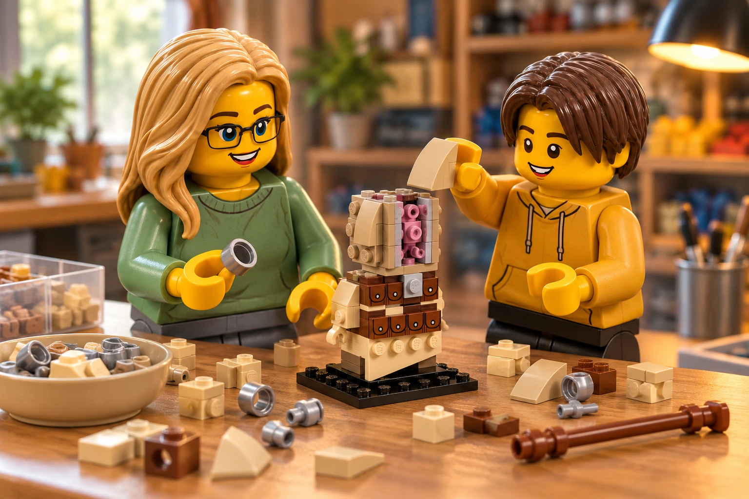 Illustration générée LEGO 40615 Le pillard Tusken : l’adulte en chemise verte tient un anneau argenté ; l’adolescent en pull jaune pose une pente beige sur la tête inachevée du Tusken au noyau rose visible.