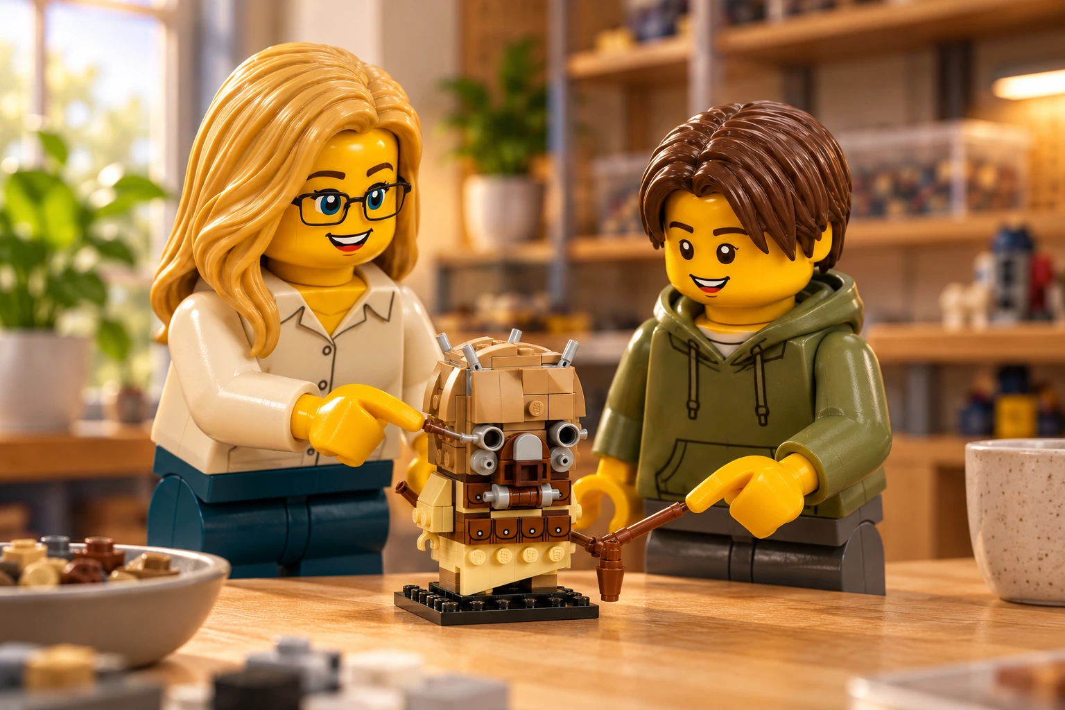 Illustration générée LEGO 40615 Le pillard Tusken : l’adulte en chemise crème et l’adolescent en sweat vert découvrent un petit pillard Tusken terminé avec son masque et son bâton marron.