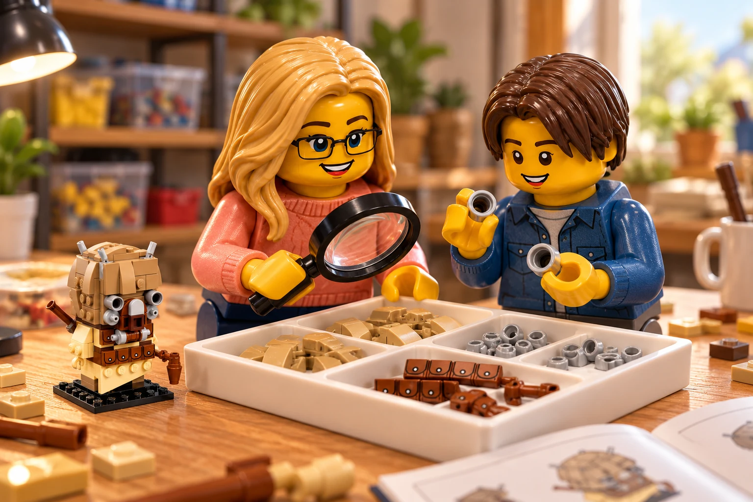 Illustration générée LEGO 40615 Le pillard Tusken : l’adulte en pull corail observe un plateau à la loupe ; l’adolescent en chemise bleue compare des anneaux argentés, avec le Tusken terminé à l’arrière.
