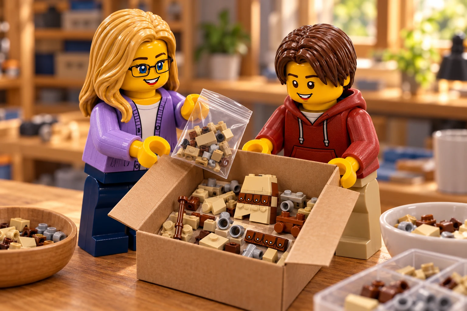 Illustration générée LEGO 40615 Le pillard Tusken : l’adulte en cardigan lavande ajoute un sachet dans une boîte tenue par l’adolescent en sweat rouge ; sections de robe incomplètes et pièces de masque sont à l’intérieur.