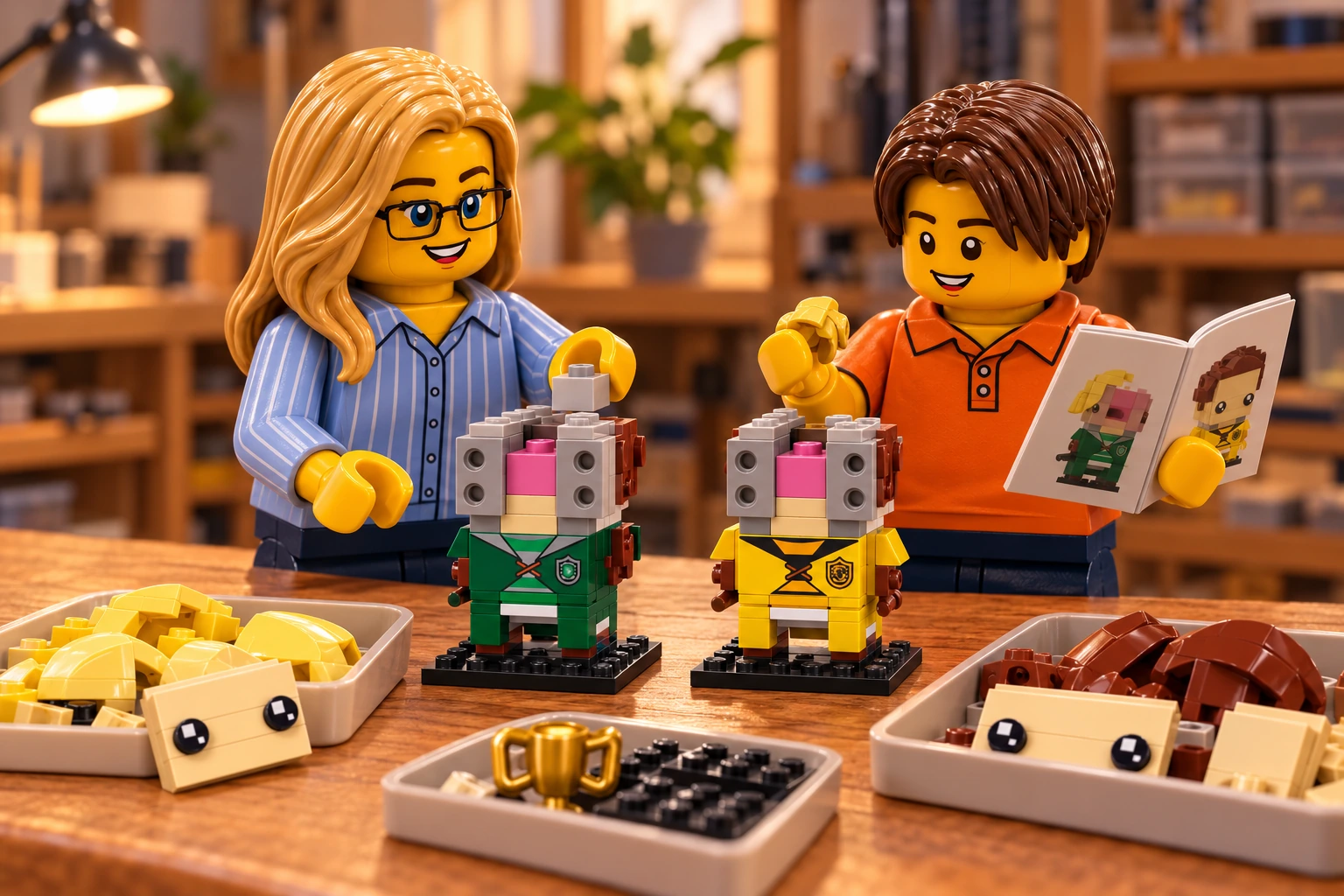 Illustration en personnages de briques — LEGO 40617 : L’adulte ajoute une petite brique grise à la tête ouverte de Drago ; l’adolescent tient un livret et une pièce jaune. Les deux noyaux gris et roses restent visibles ; plaques de visage et cheveux détachés sont rangés dans des bacs.