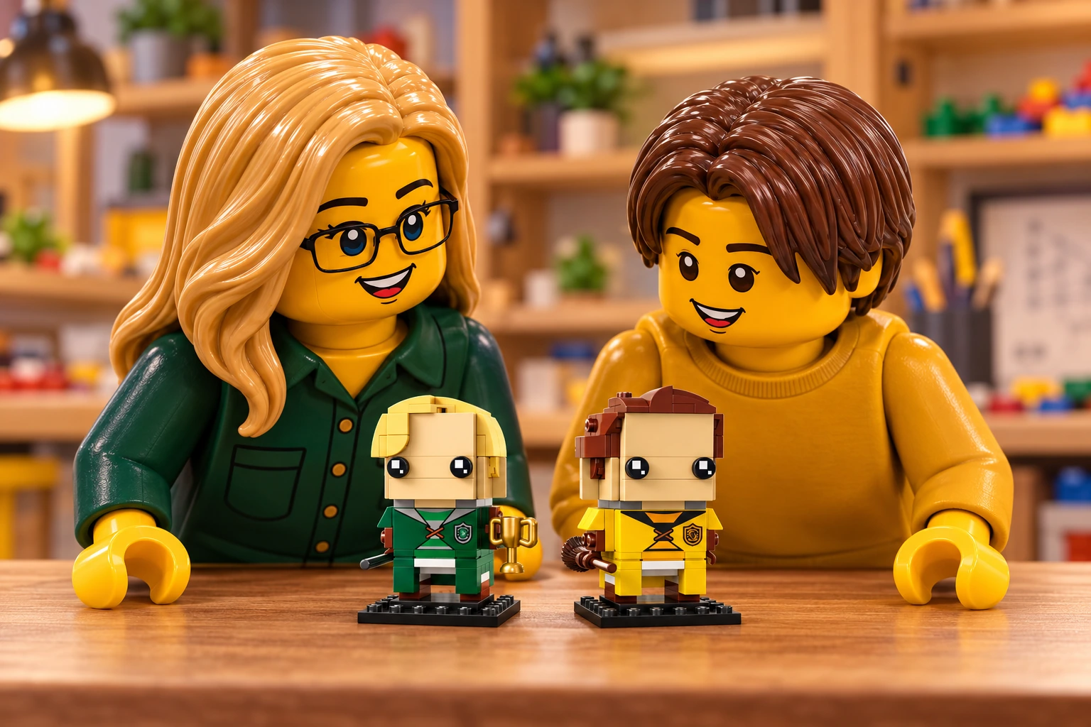 Illustration en personnages de briques — LEGO 40617 : Une adulte blonde aux yeux bleus et à lunettes noires rectangulaires, et un adolescent châtain, observent Drago en vert et Cedric en jaune, terminés sur leurs deux socles noirs au centre de la table.