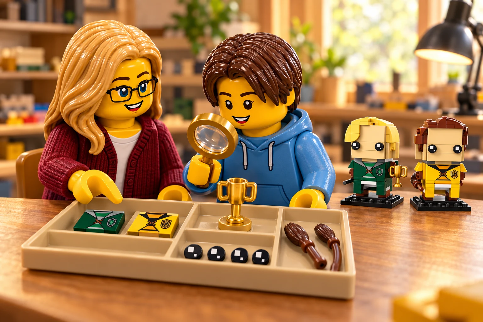 Illustration en personnages de briques — LEGO 40617 : L’adolescent tient une loupe au-dessus de la petite coupe dorée dans un bac ; l’adulte pointe les deux tuiles imprimées verte et jaune. Les balais et yeux sont triés, et Drago et Cedric terminés se tiennent à droite.