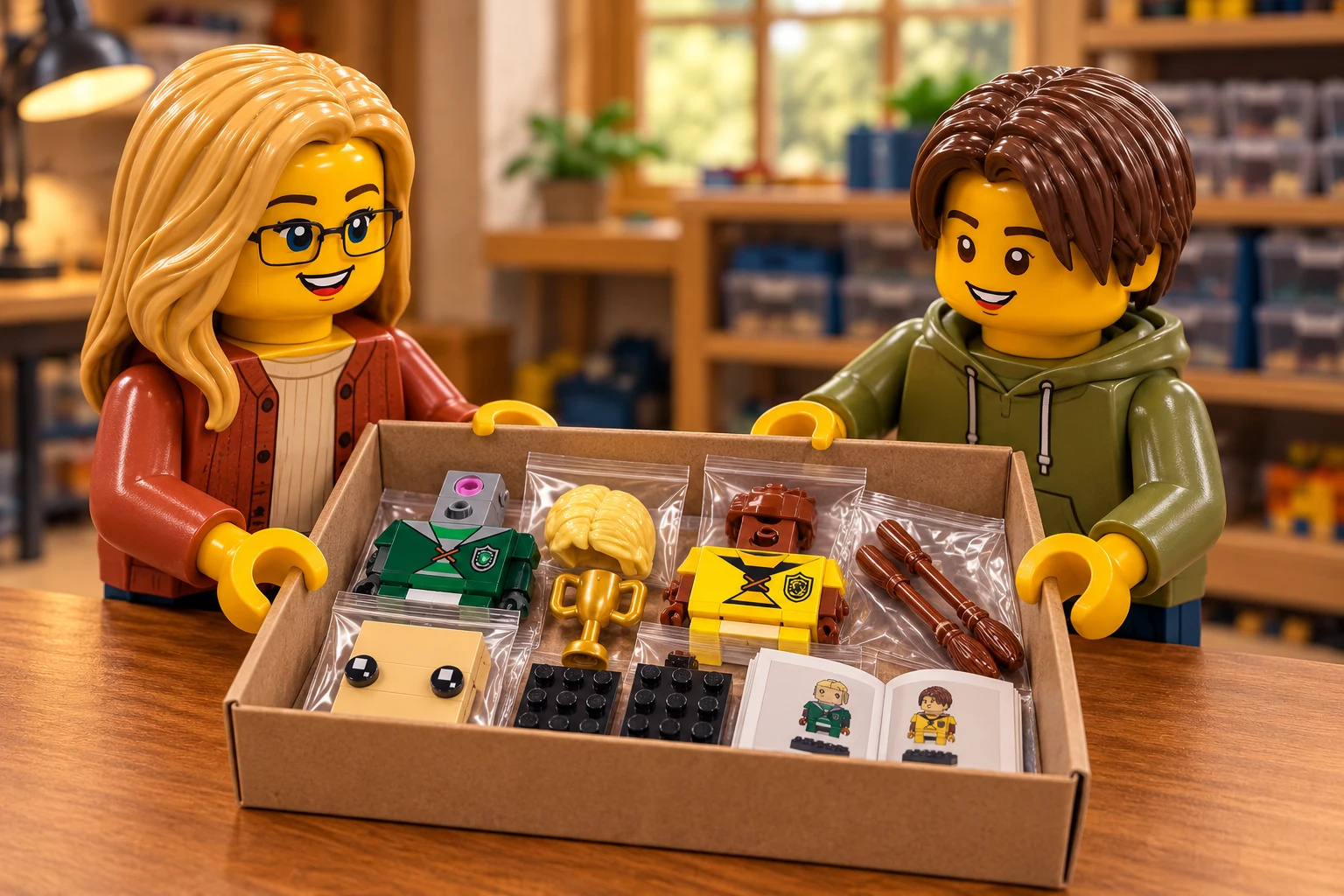 Illustration en personnages de briques — LEGO 40617 : Les deux personnages tiennent une boîte ouverte contenant les sous-ensembles incomplets de Drago et Cedric, une plaque de visage détachée, les cheveux, la coupe, les balais et les socles répartis en sachets, avec un petit livret.