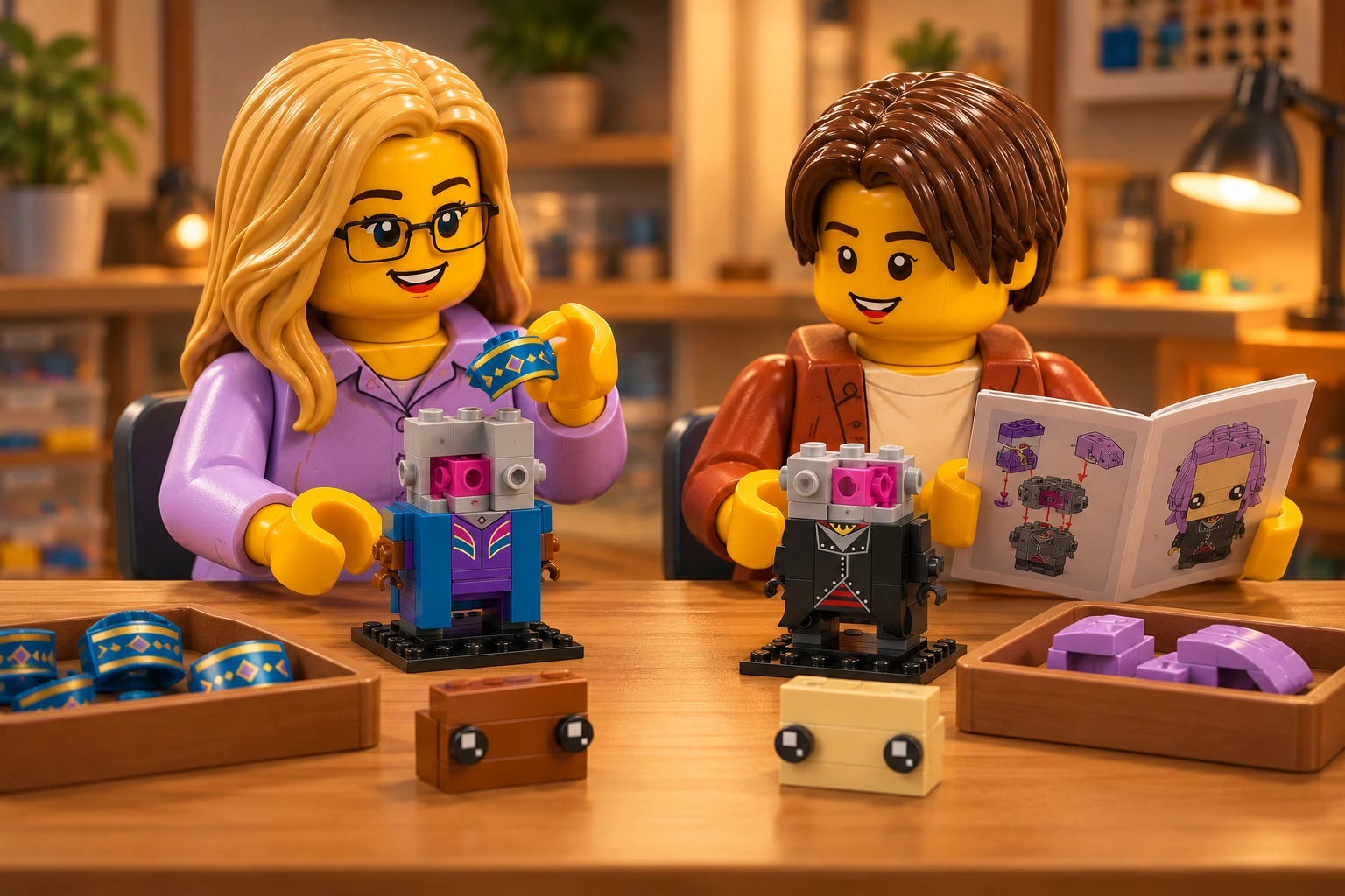 Illustration en personnages de briques — LEGO 40618 : L’adulte présente une courbe bleue imprimée du bonnet au-dessus de la tête ouverte de Kingsley ; l’adolescent consulte un livret. Les noyaux gris et roses des deux têtes et les plaques de visage détachées restent visibles.