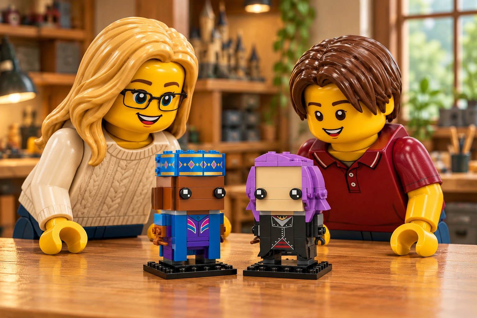 Illustration en personnages de briques — LEGO 40618 : Une adulte blonde à lunettes et un adolescent châtain observent Kingsley et Tonks terminés, côte à côte sur leurs socles noirs au centre de la table.