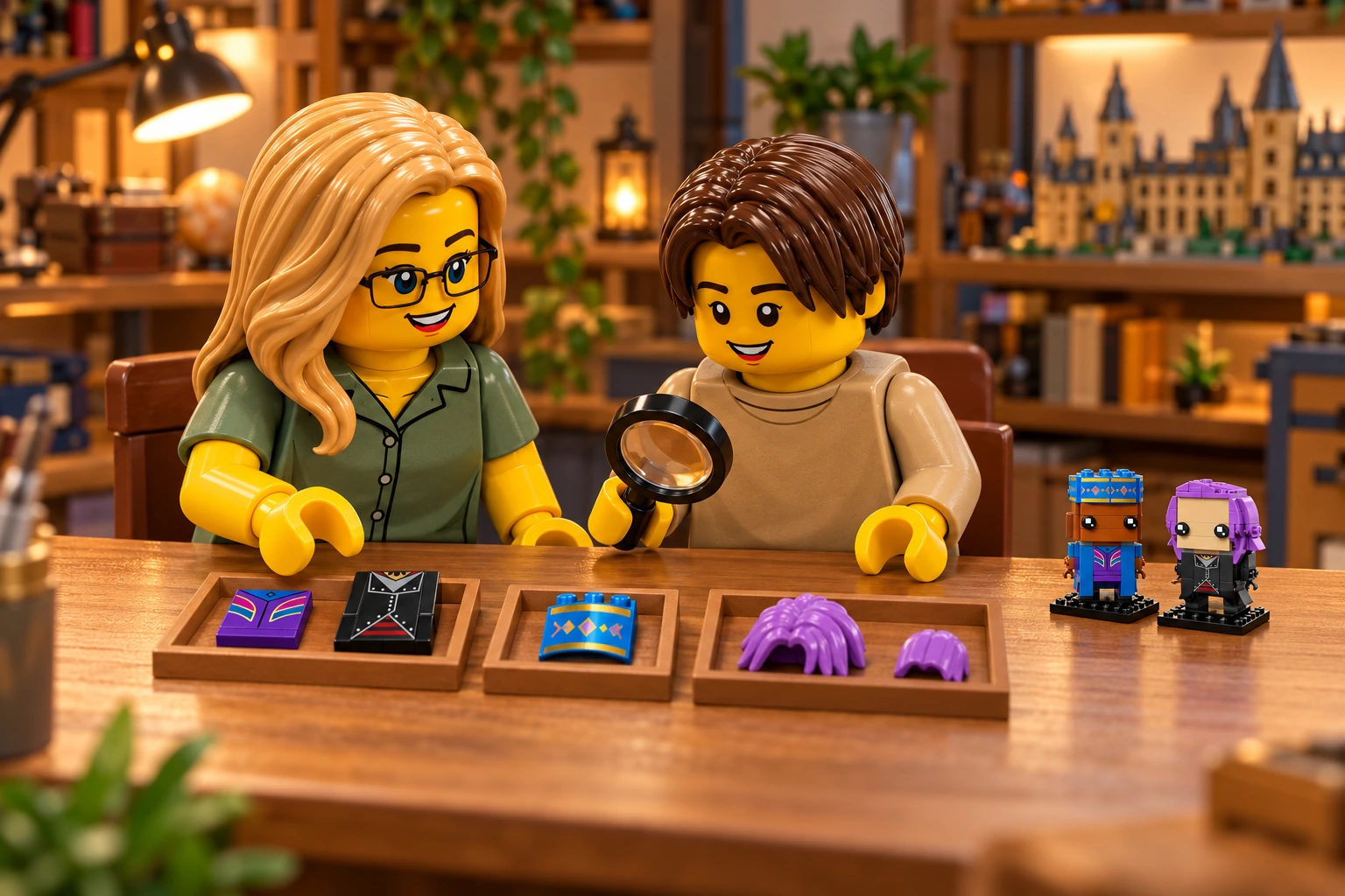 Illustration en personnages de briques — LEGO 40618 : L’adolescent tient une loupe au-dessus des bacs contenant un élément bleu du bonnet, les deux tuiles de torse imprimées et des éléments lavande ; les deux modèles terminés sont disposés à droite.