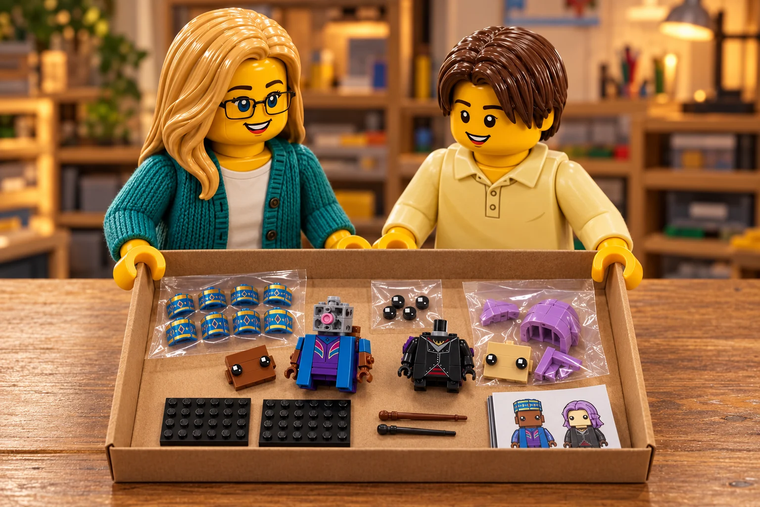 Illustration en personnages de briques — LEGO 40618 : Les deux personnages tiennent une boîte ouverte contenant les torses incomplets, un noyau de tête ouvert, les visages détachés, des éléments de bonnet bleu et des cheveux lavande en sachets, les socles et un petit livret.