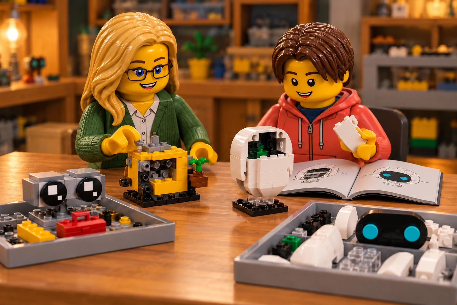 Illustration en personnages de briques — LEGO 40619 : L’adulte pose un élément gris sur le corps ouvert de WALL•E ; l’adolescent tient une pièce blanche près d’EVE dont la coque est ouverte. La tête binoculaire et le visage noir aux yeux azur sont détachés dans les bacs, avec un livret ouvert.