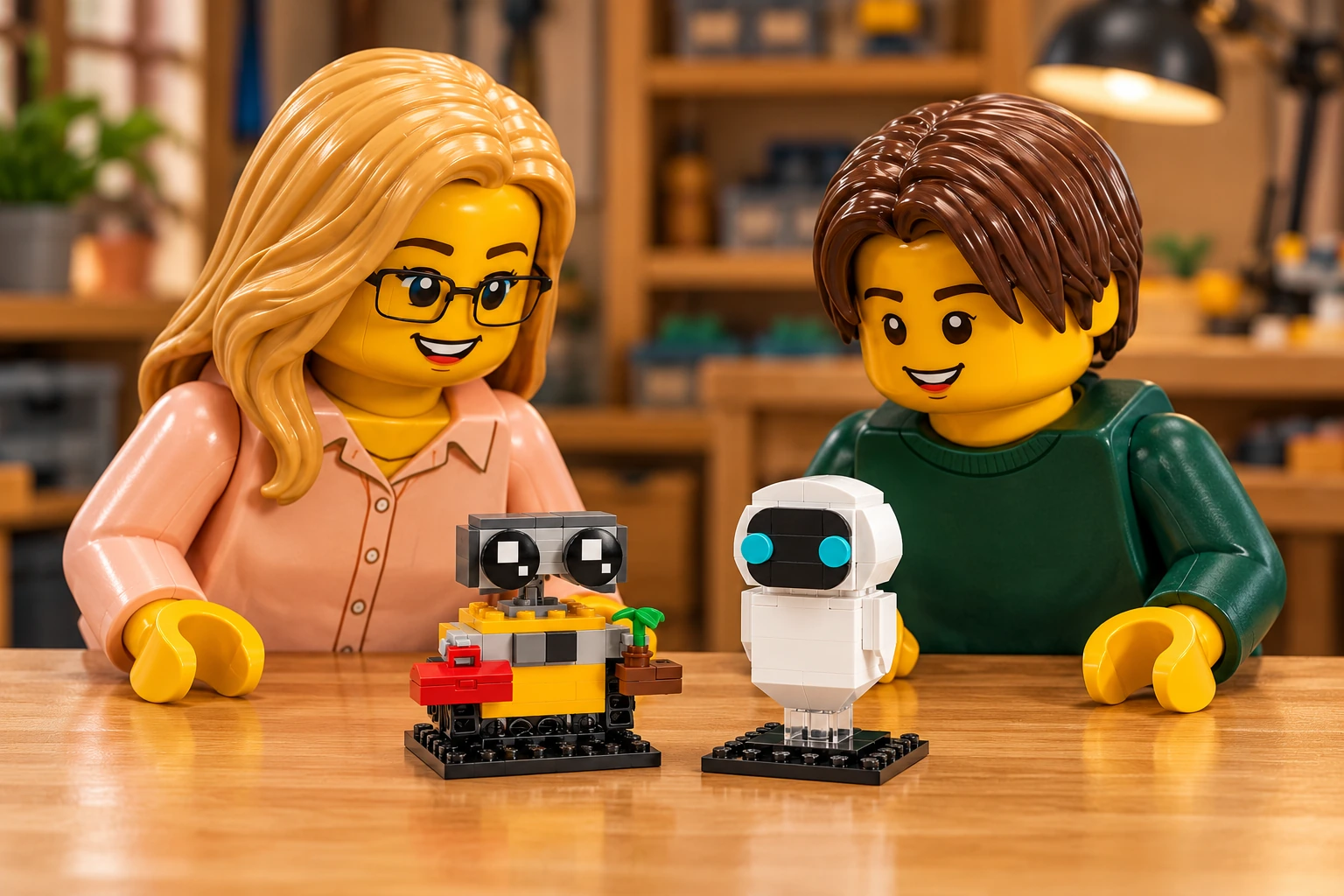 Illustration en personnages de briques — LEGO 40619 : Une adulte blonde à lunettes et un adolescent châtain observent les deux petits robots terminés sur leurs socles : WALL•E avec sa boîte à outils et sa plante, EVE blanche avec ses yeux azur et son support transparent.