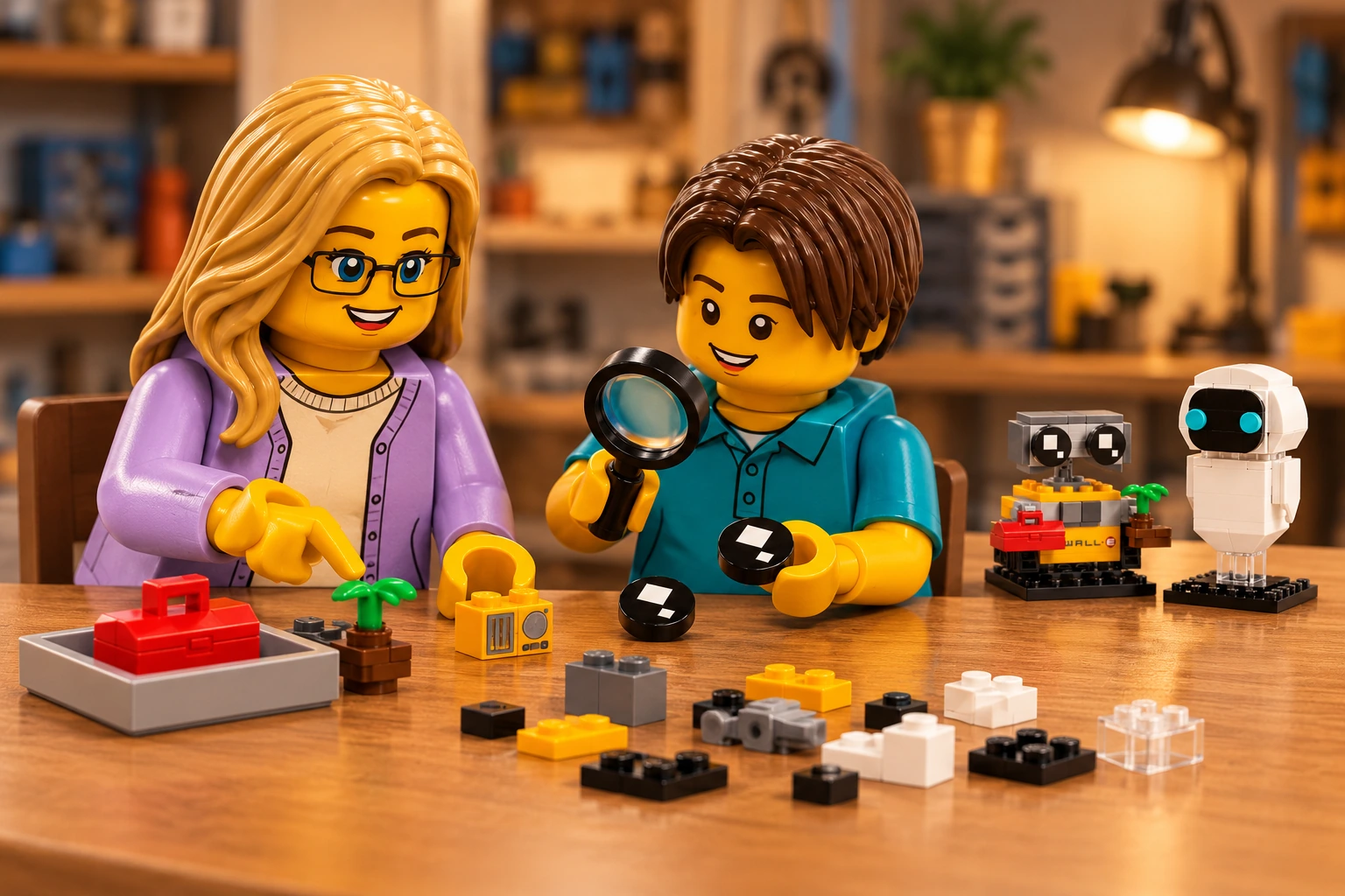 Illustration en personnages de briques — LEGO 40619 : L’adolescent tient une loupe et un grand œil noir imprimé ; l’adulte pointe la plante. Des pièces, une boîte à outils rouge et l’autre œil sont posés sur la table, avec les deux robots terminés à droite.