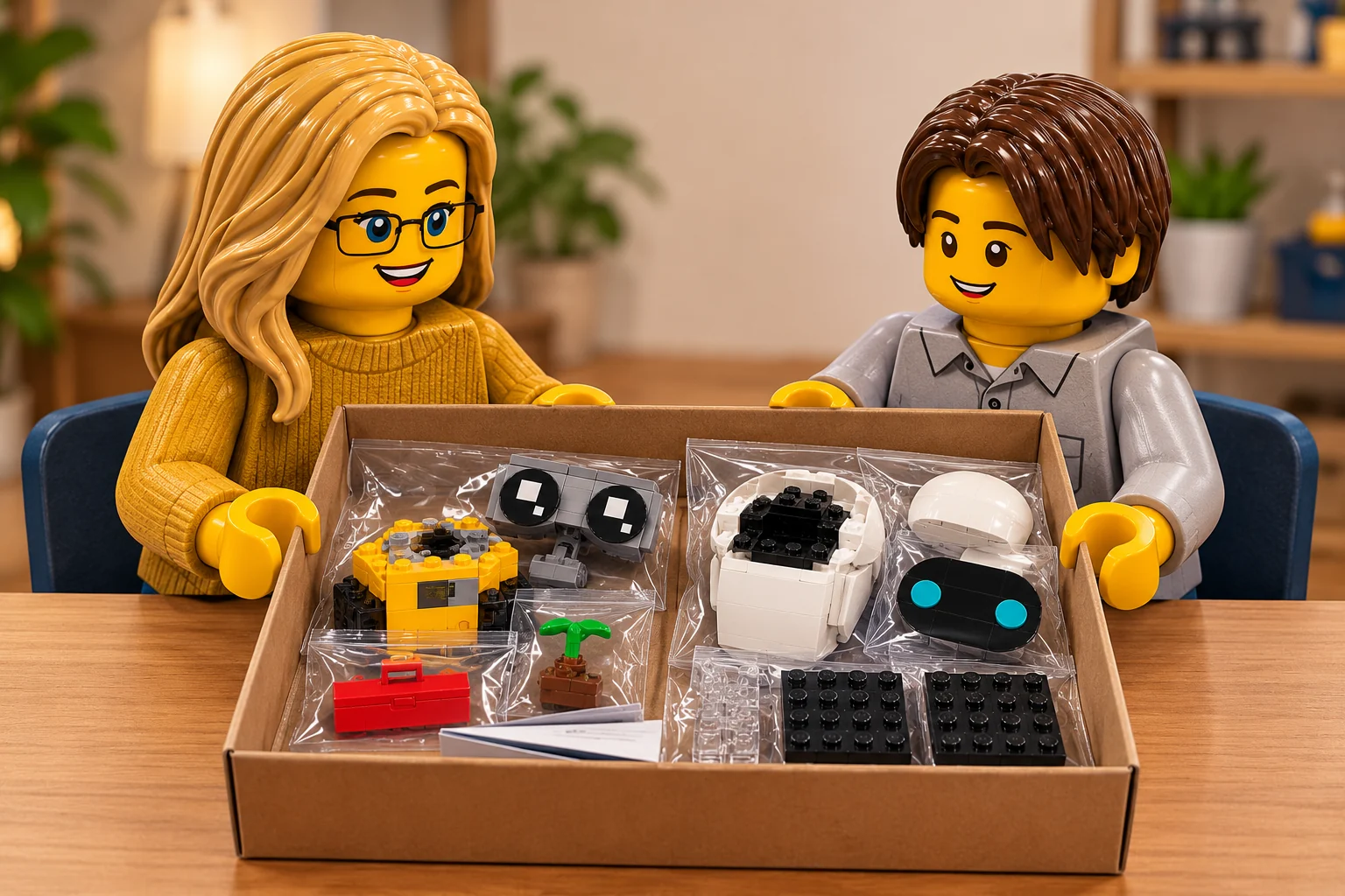 Illustration en personnages de briques — LEGO 40619 : Les deux personnages tiennent une boîte ouverte contenant les corps incomplets des deux robots, la tête de WALL•E séparée, la coque et le visage d’EVE détachés, les accessoires, les socles et un livret, répartis en sachets.