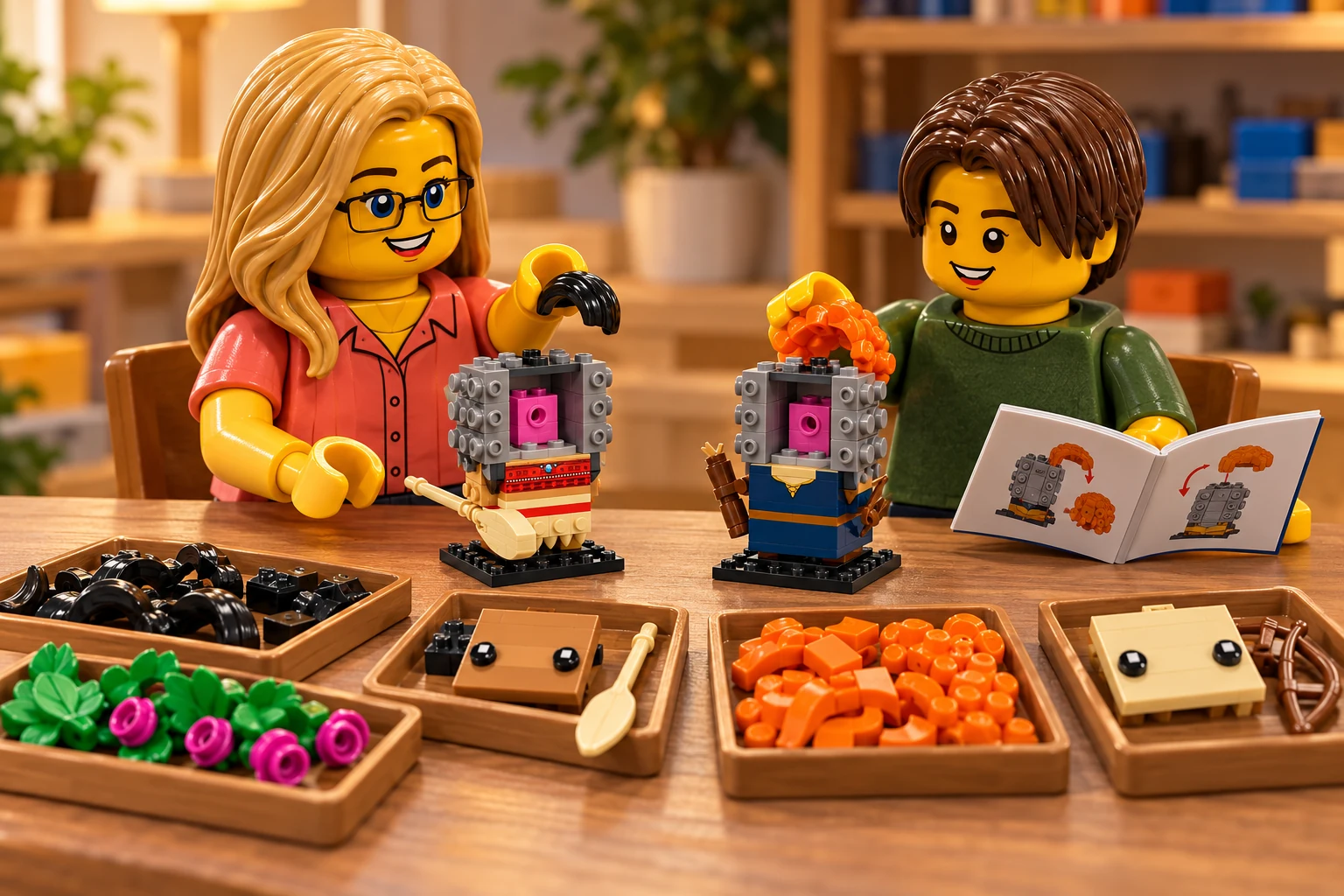 Illustration en personnages de briques — LEGO 40621 : L’adulte, en chemise corail, et l’adolescent, en pull vert, assemblent les têtes encore ouvertes. Les noyaux gris et roses sont visibles ; les plaques de visage, les cheveux noirs et orange, la couronne et les accessoires sont détachés près du livret.