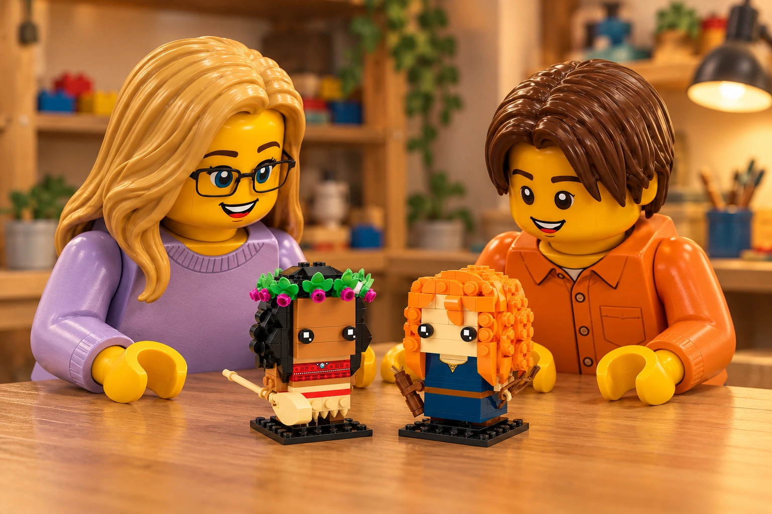 Illustration en personnages de briques — LEGO 40621 : Une adulte blonde à lunettes, en pull lavande, et un adolescent châtain, en chemise orange, regardent les deux petites figures terminées sur la table : Vaiana avec sa couronne végétale et sa pagaie, Mérida avec ses boucles orange et son arc.
