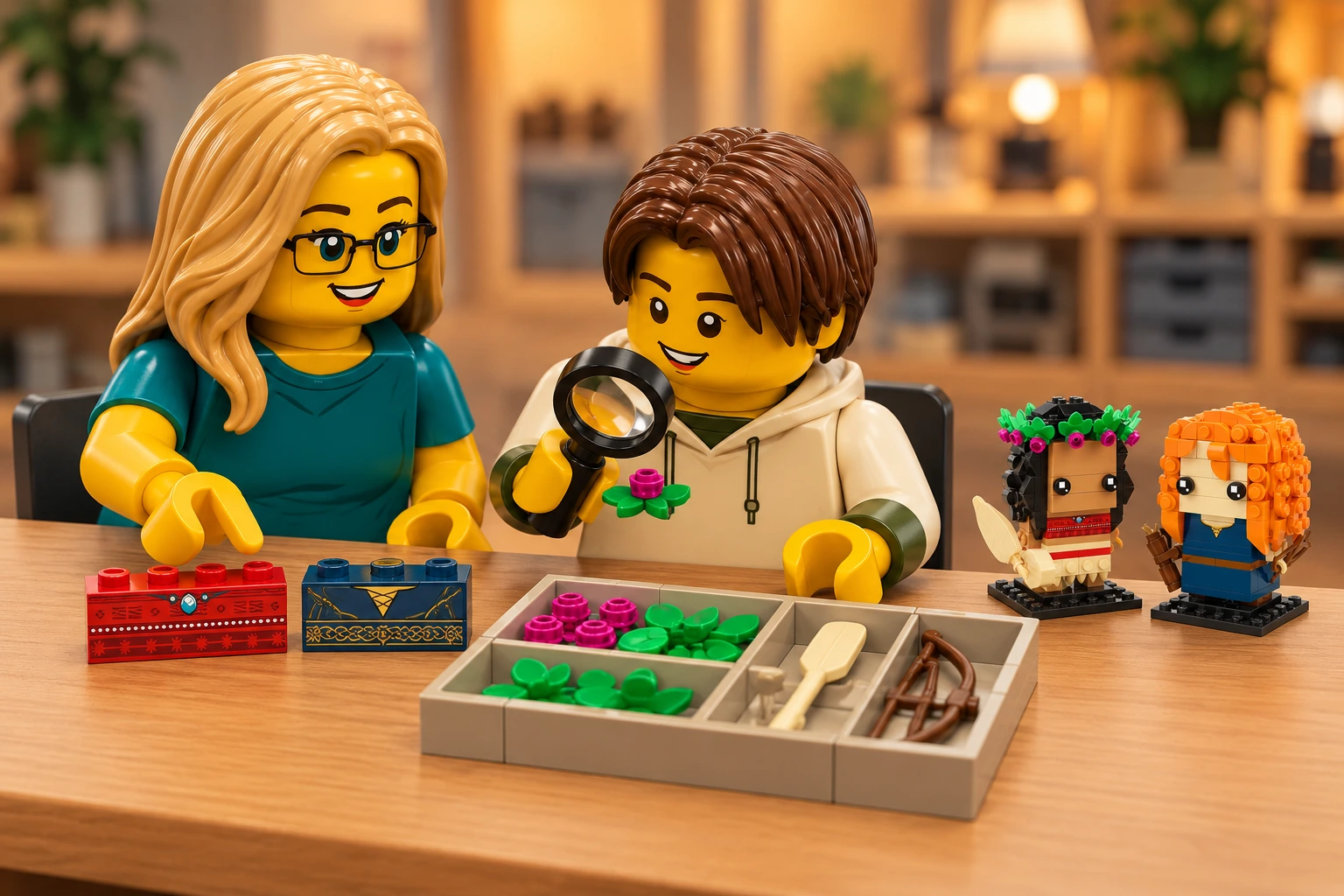 Illustration en personnages de briques — LEGO 40621 : L’adolescent, en sweat crème, tient une loupe devant une feuille portant une fleur magenta ; l’adulte, en tee-shirt bleu-vert, pointe les briques imprimées. Un bac contient fleurs, feuilles, éléments de pagaie et arcs, près des deux figures terminées.